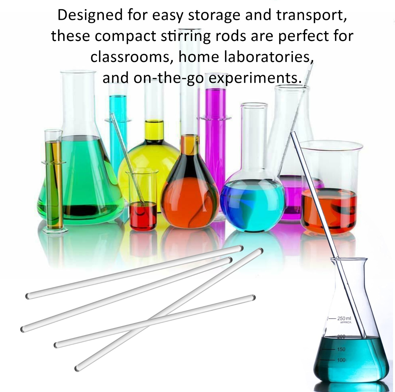 6 Pack Glass Stirring Rods 10″ Round ends for Science Education,Lab and Kitchen