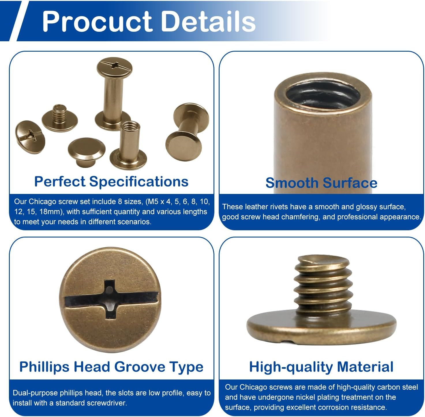 130Sets Chicago Screws Kit, Bronze Screw Rivets, 8 Sizes Carbon Steel Binding Sc