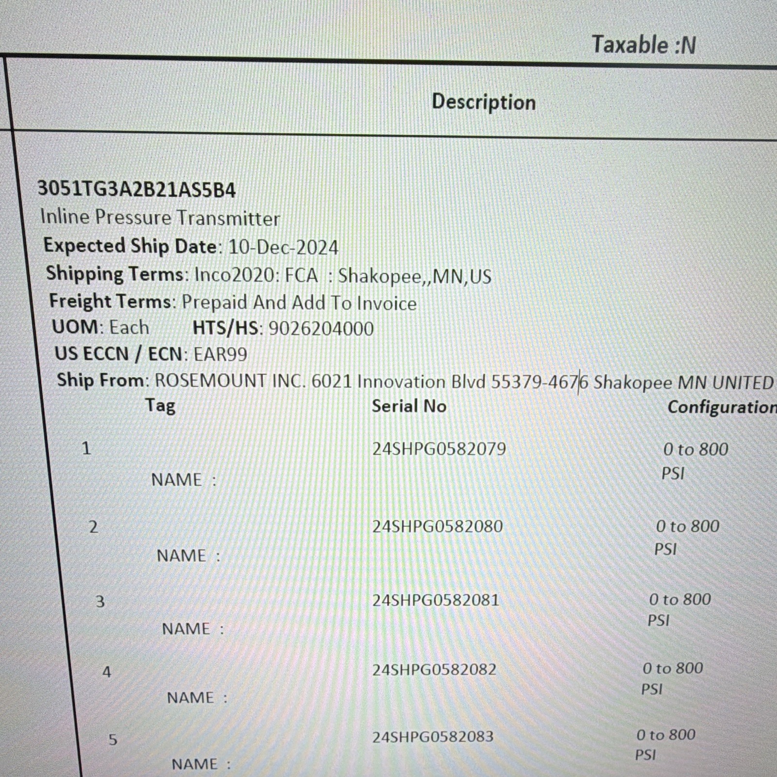 Emerson RA-3051T-ACC Absolute Pressure Sensor/Transmitter, Analog DC, SPDT