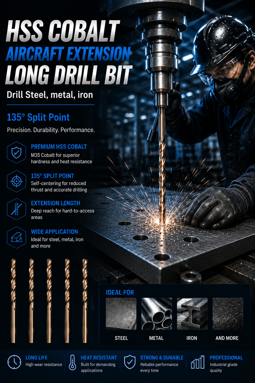 1/8″X6″ HSS Cobalt Drill Bit Set Aircraft Extension Long Deep Hole Drill-5Pcs