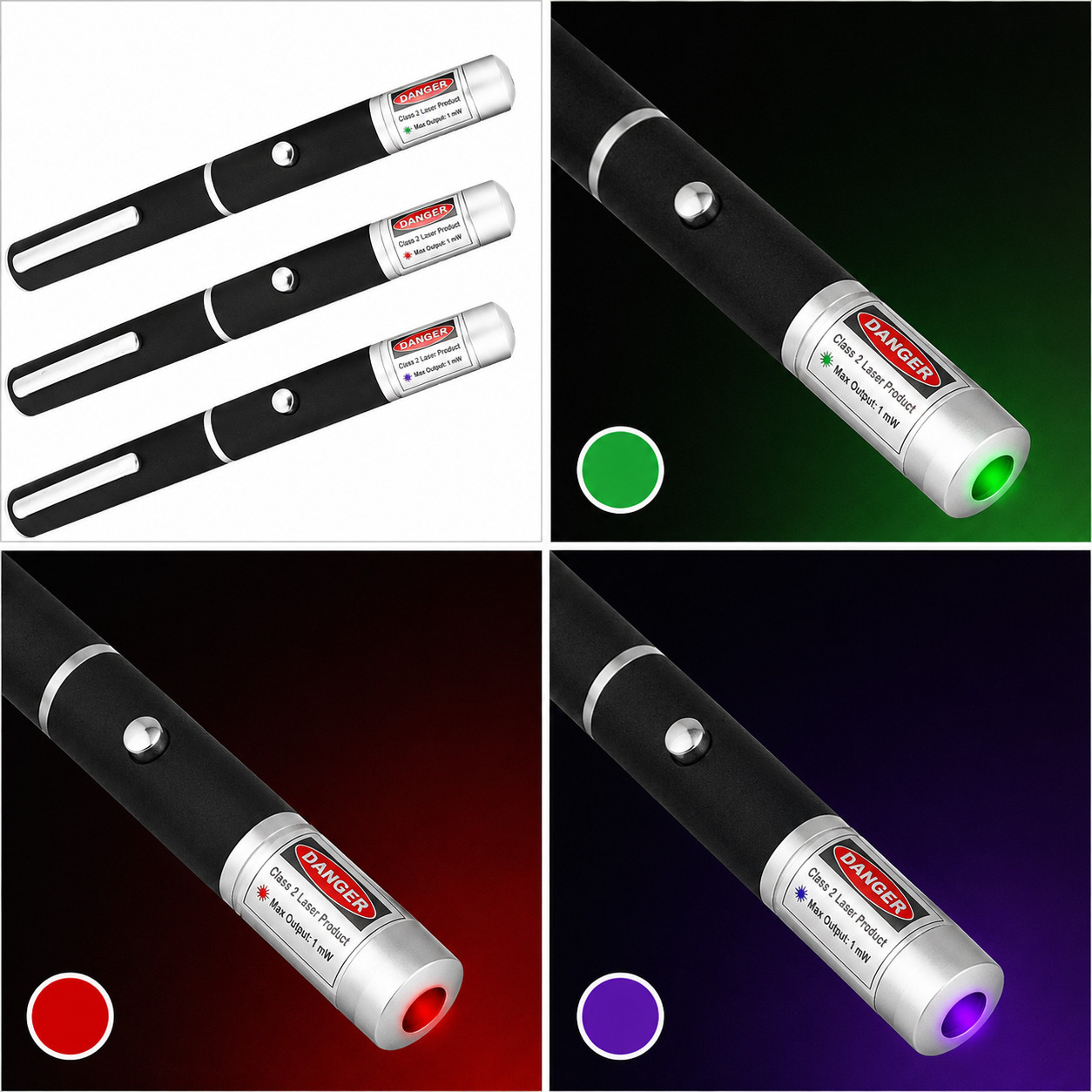 3 Pack Class II Presentation Laser Pointer Pens Red Green Violet 1mW AAA