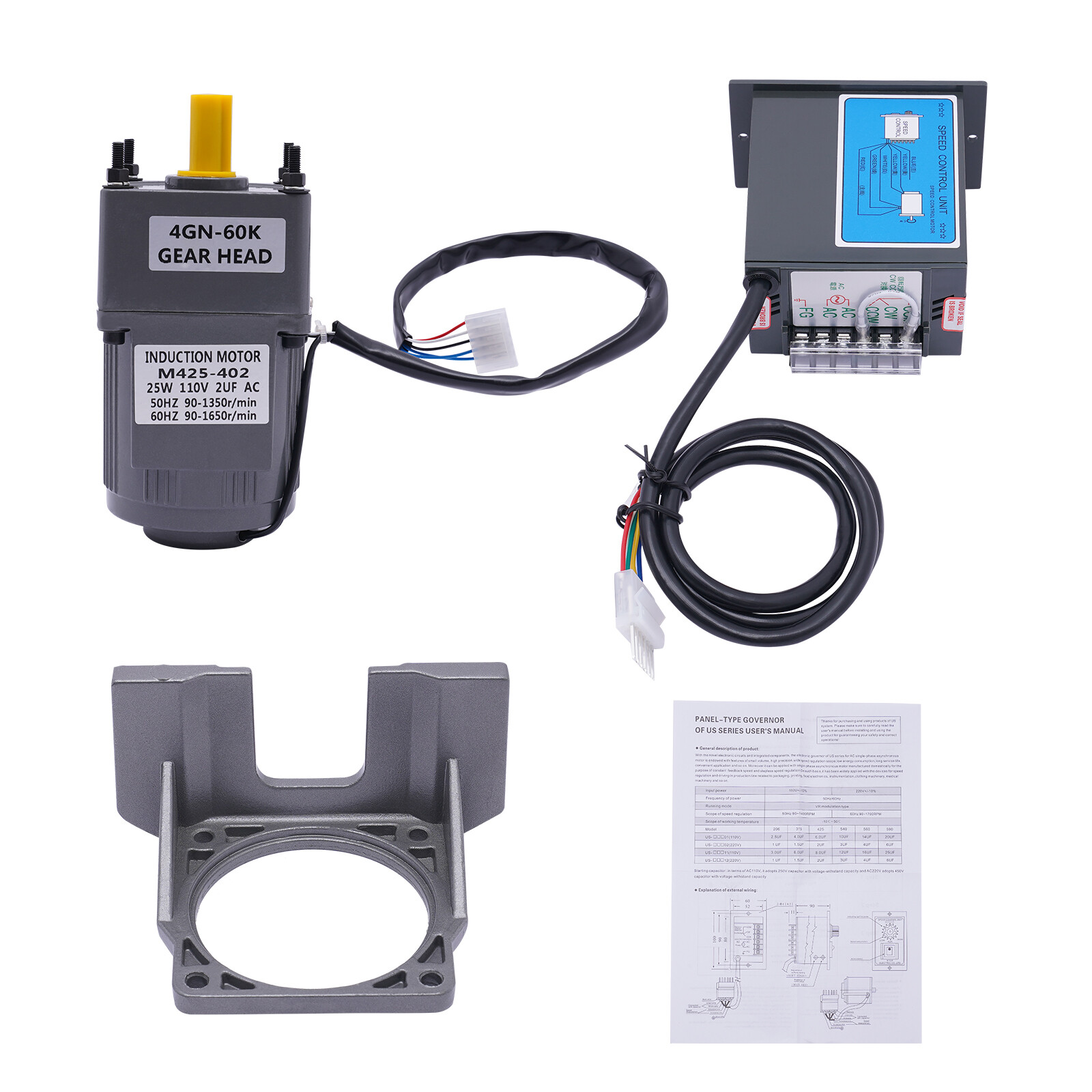 AC110V Gear Motor Electric Motor 25W Variable Speed Controller 90-1350r/min 1:60