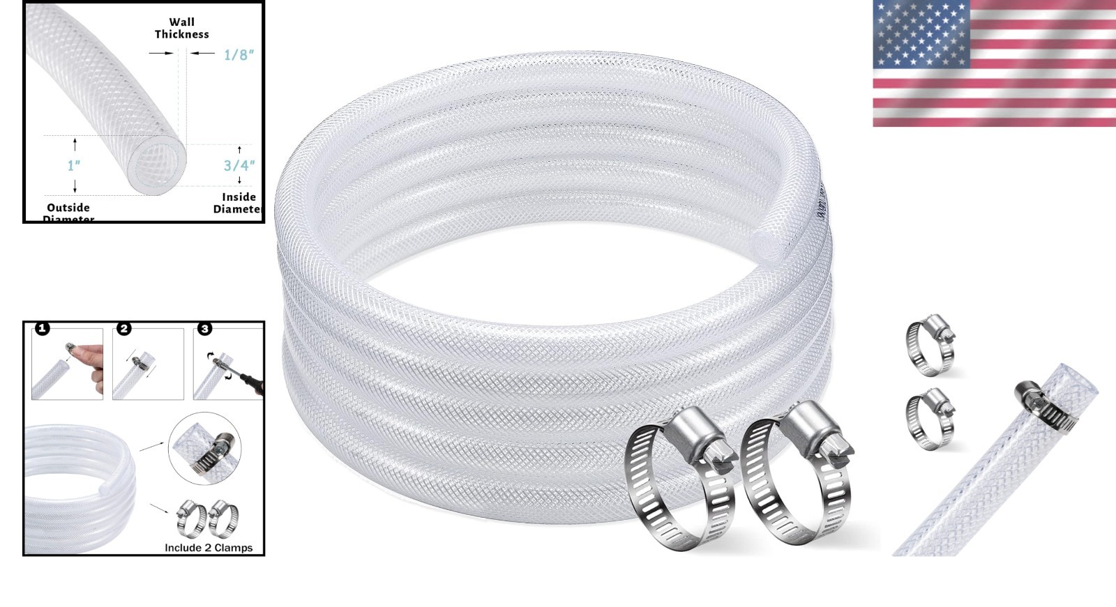 3/4 In ID Vinyl Tubing 50ft Heavy Duty Reinforced Clear Plastic Hose Compatib…
