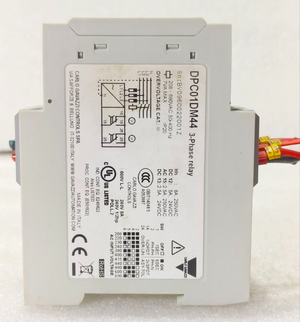 CARLO GAVAZZI DPC01DM44 TRUE RMS 3-PHASE VOLTAGE MONITORING RELAY – 208-690VAC