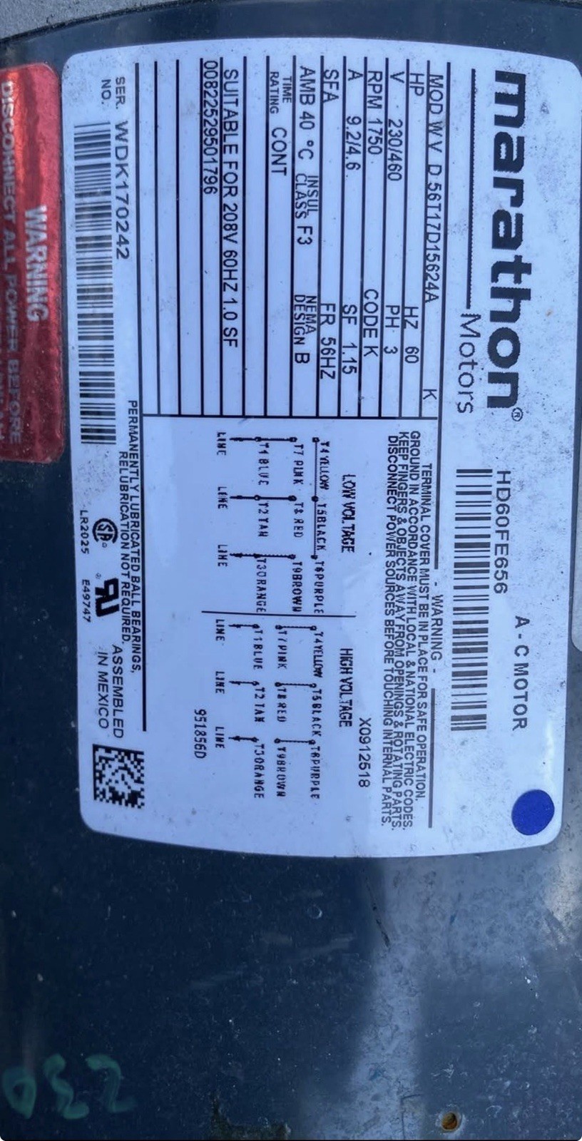Carrier HD60FE656 Blower Motor Marathon 56T17D15624A 3.7HP 3PH 1750RPM 56HZ