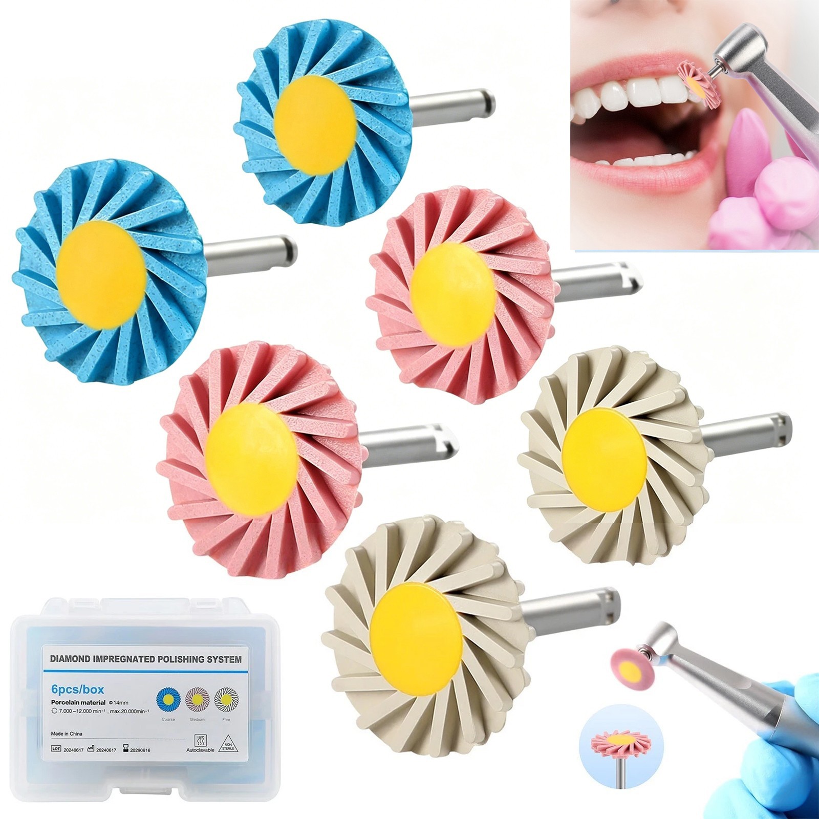 Dental Porcelain Zirconia Grinding Polishing Wheel Kit RA 2.35mm Rubber Diamond