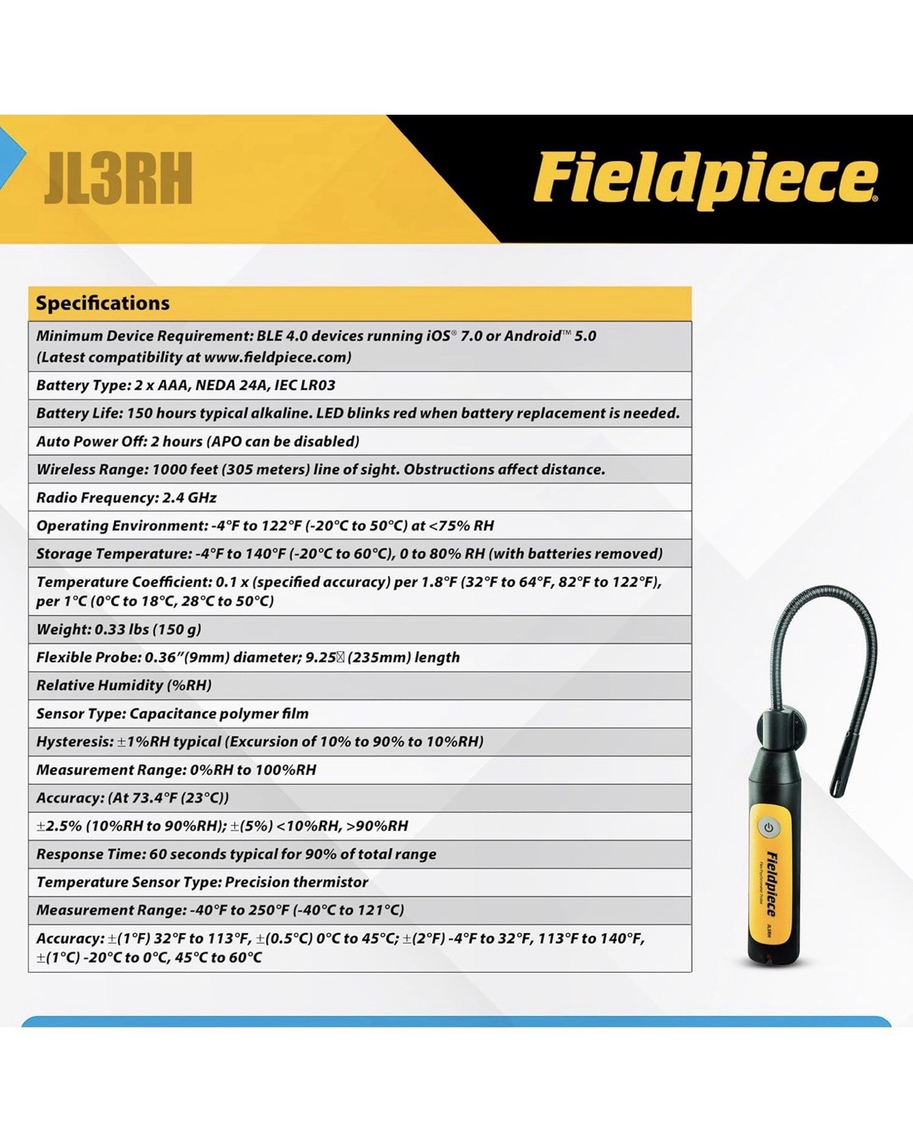 Fieldpiece JL3RH Job Link System Flex HVACR Sonda psicrómetro inalámbrica