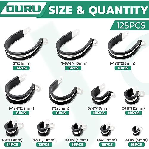 125PCS Cable Clamp,12 Sizes Stainless Steel Rubber Coated Cushioned Insulated…