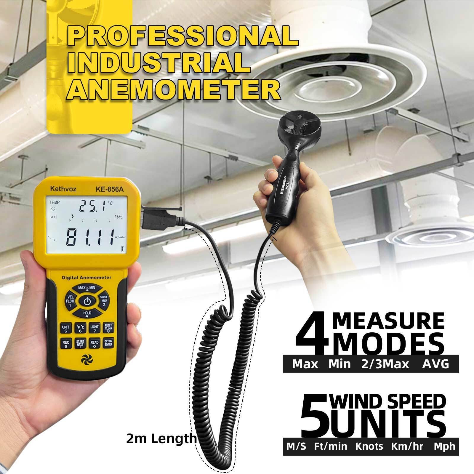 Handheld Anemometer 45m/s 5-Unit 600Groups USB Data Log Backlit Max/Min/Avg Auto