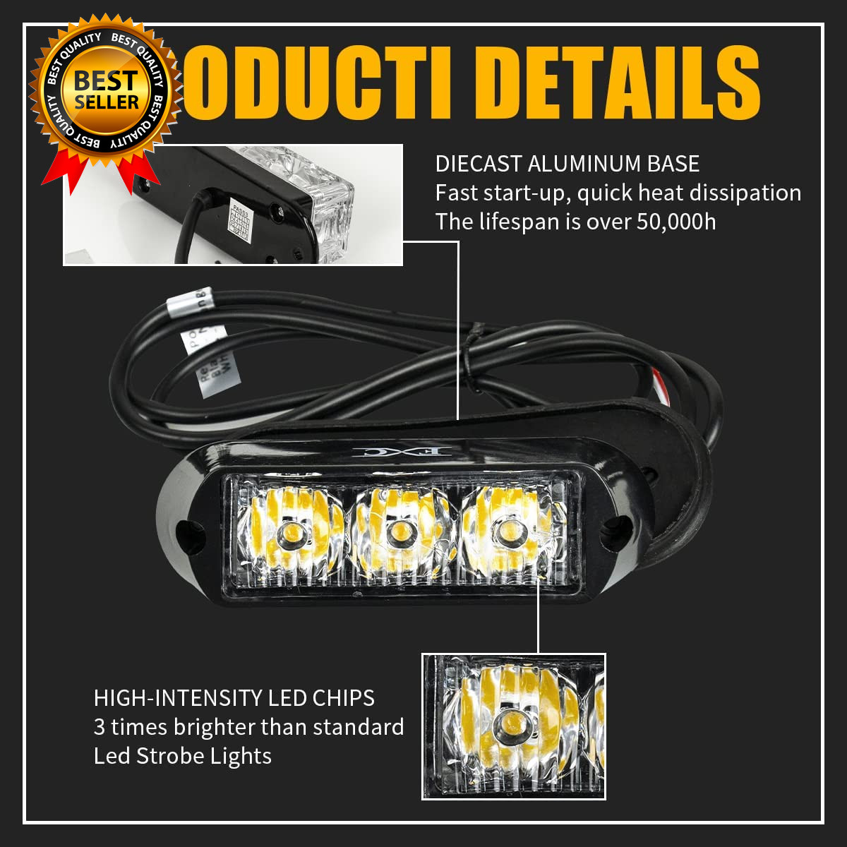 (2PCS 3-LED Strobe Lights Amber Waterproof Emergency Beacon Flash