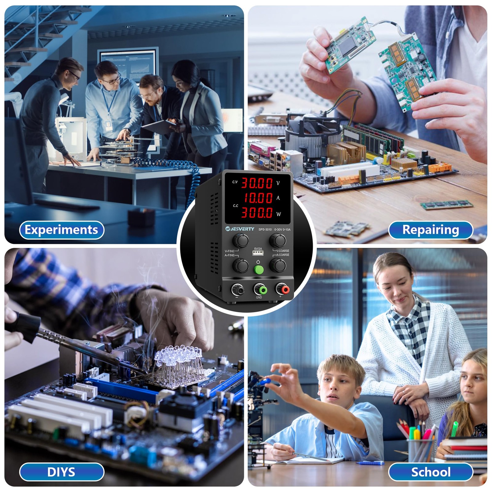 30V 10A Variable DC Power Supply, 4-Digit LED, USB Port, Coarse/Fine Adjust