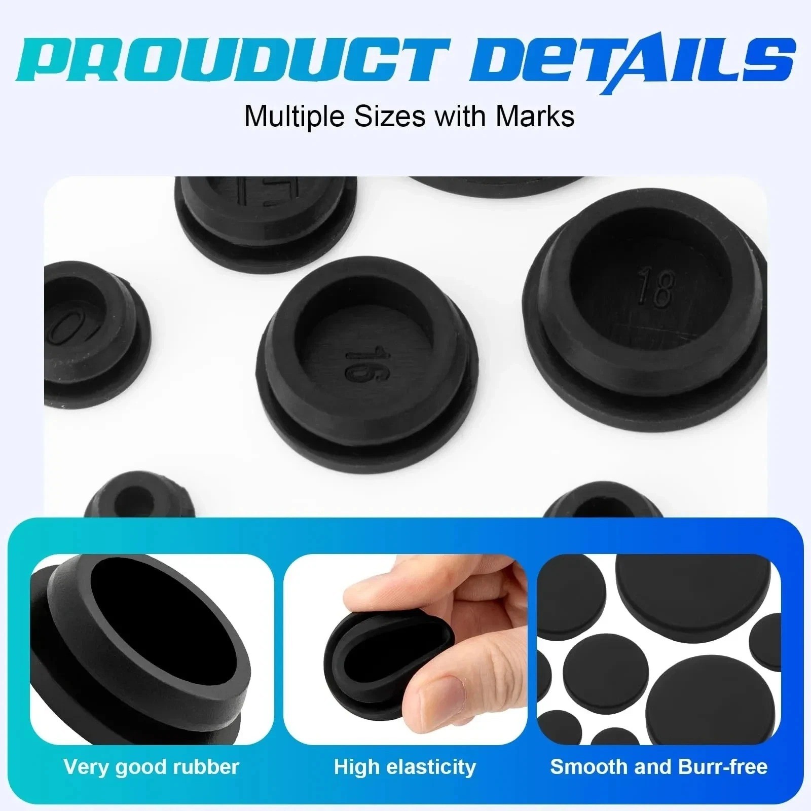 125PCS Rubber Hole Plugs Set 8 Sizes Black Silicone Round Snap Locking Grommets