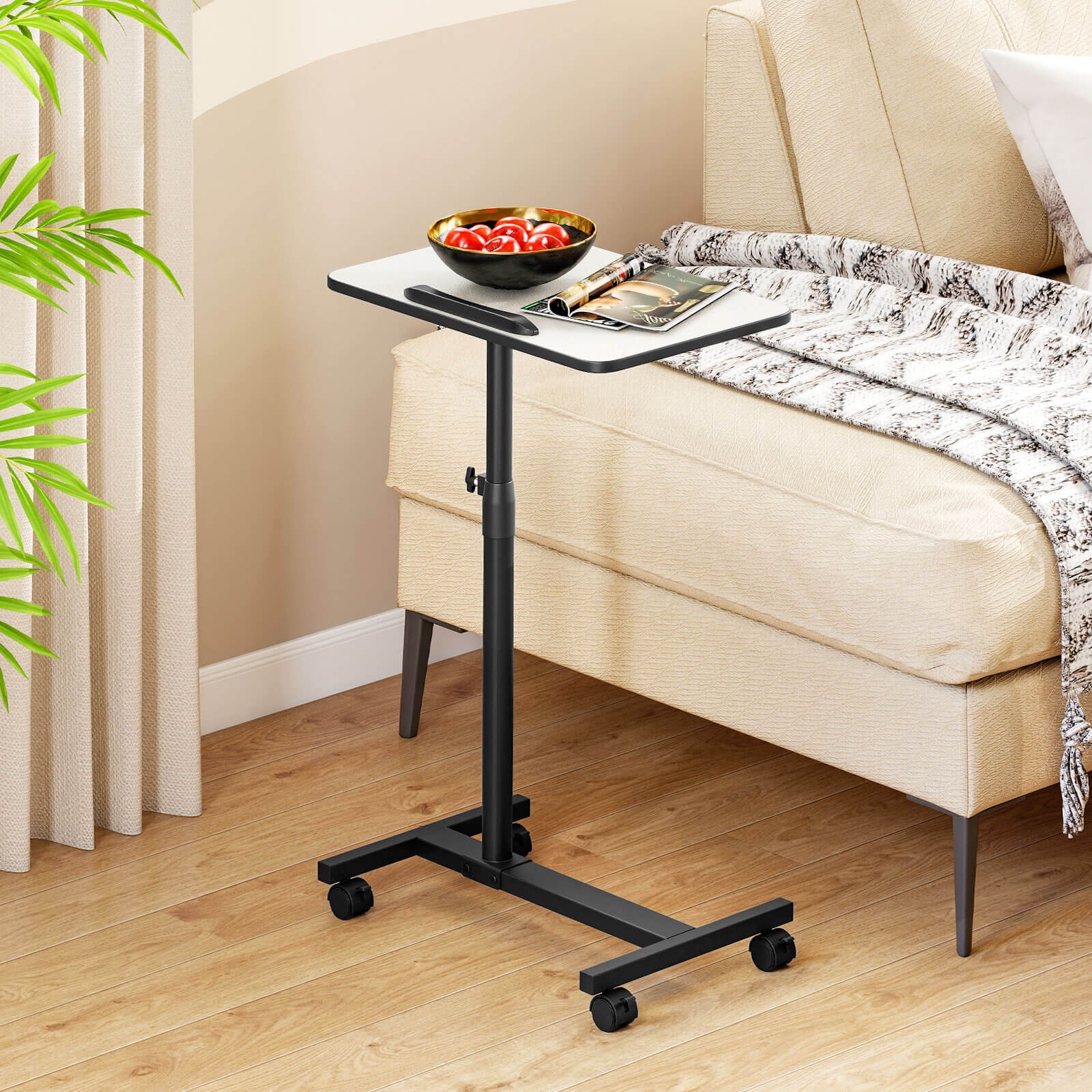 Costway Overbed Rolling Table Over Bed Laptop Food Tray Desk Tilting Top Grey