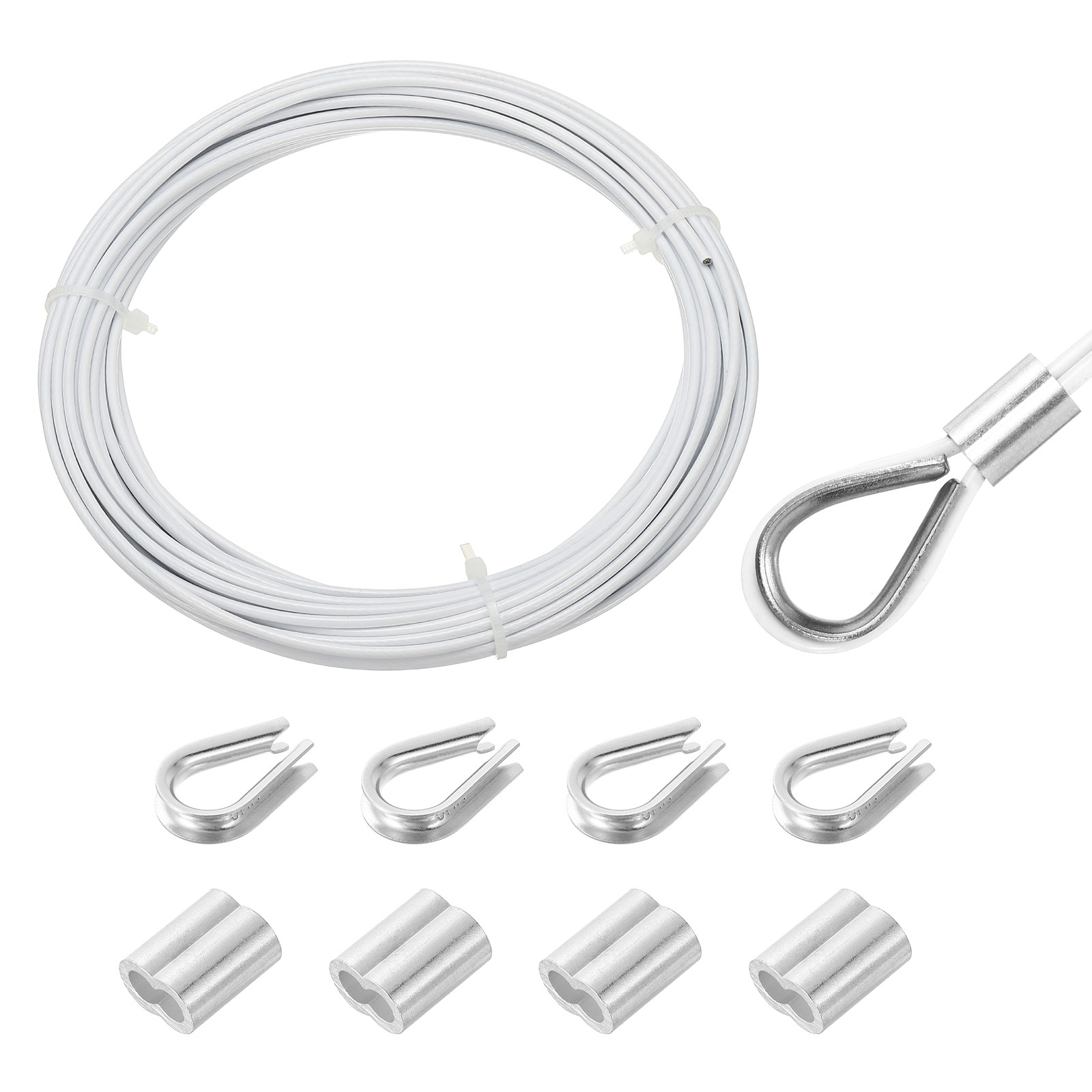 33Ft(10M) Wire Rope Stainless Steel Cable 1/12″ 4pcs Sleeves & Thimble White