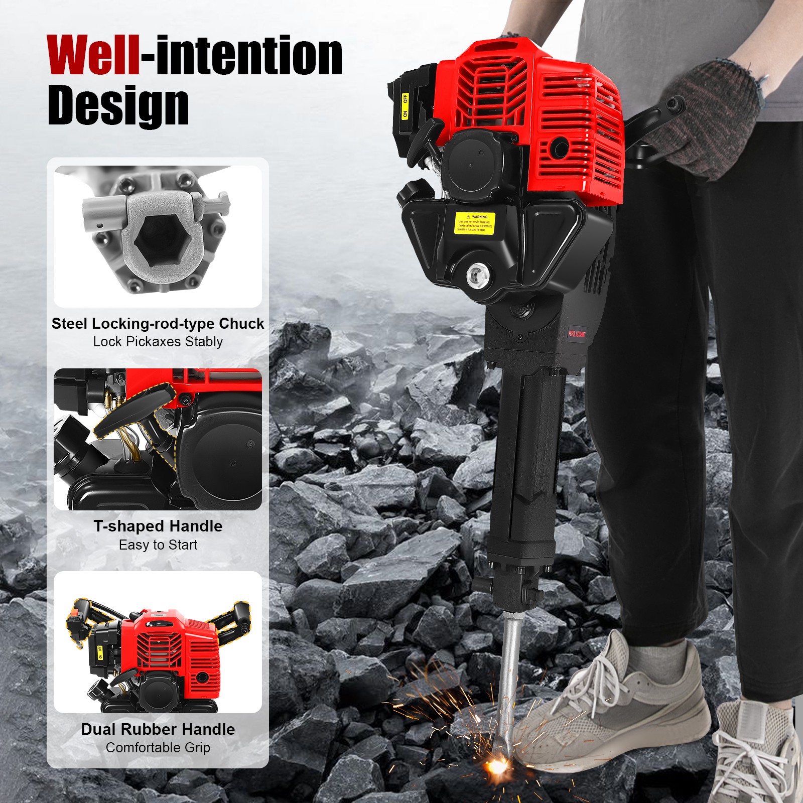55J Gasoline?Powered Demolition Jack Hammer Concrete Breaker w/ 2 Chisel Bits