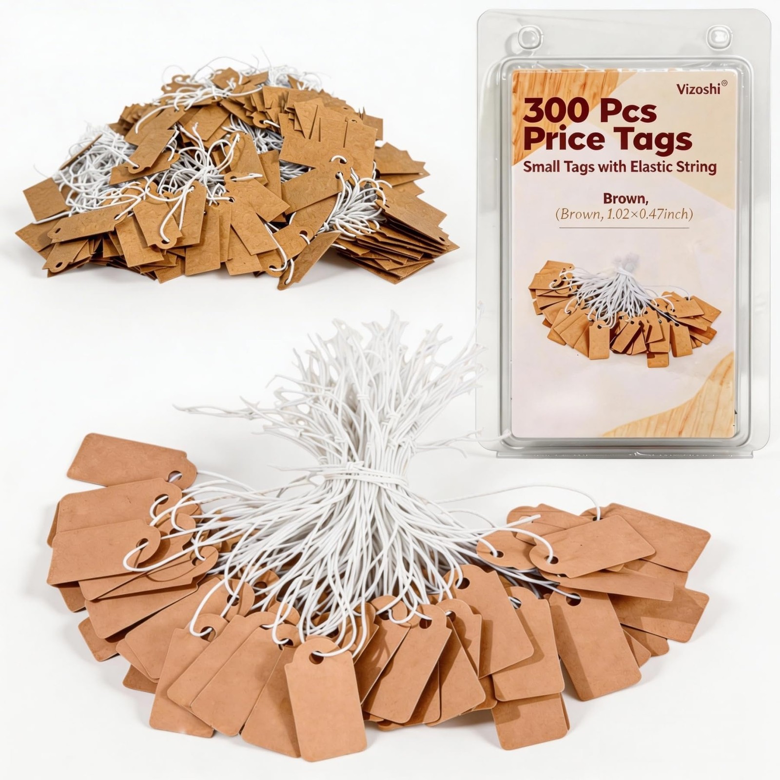 300 Pcs Small Price Tags with Elastic String, Brown 1.02*0.47inch,