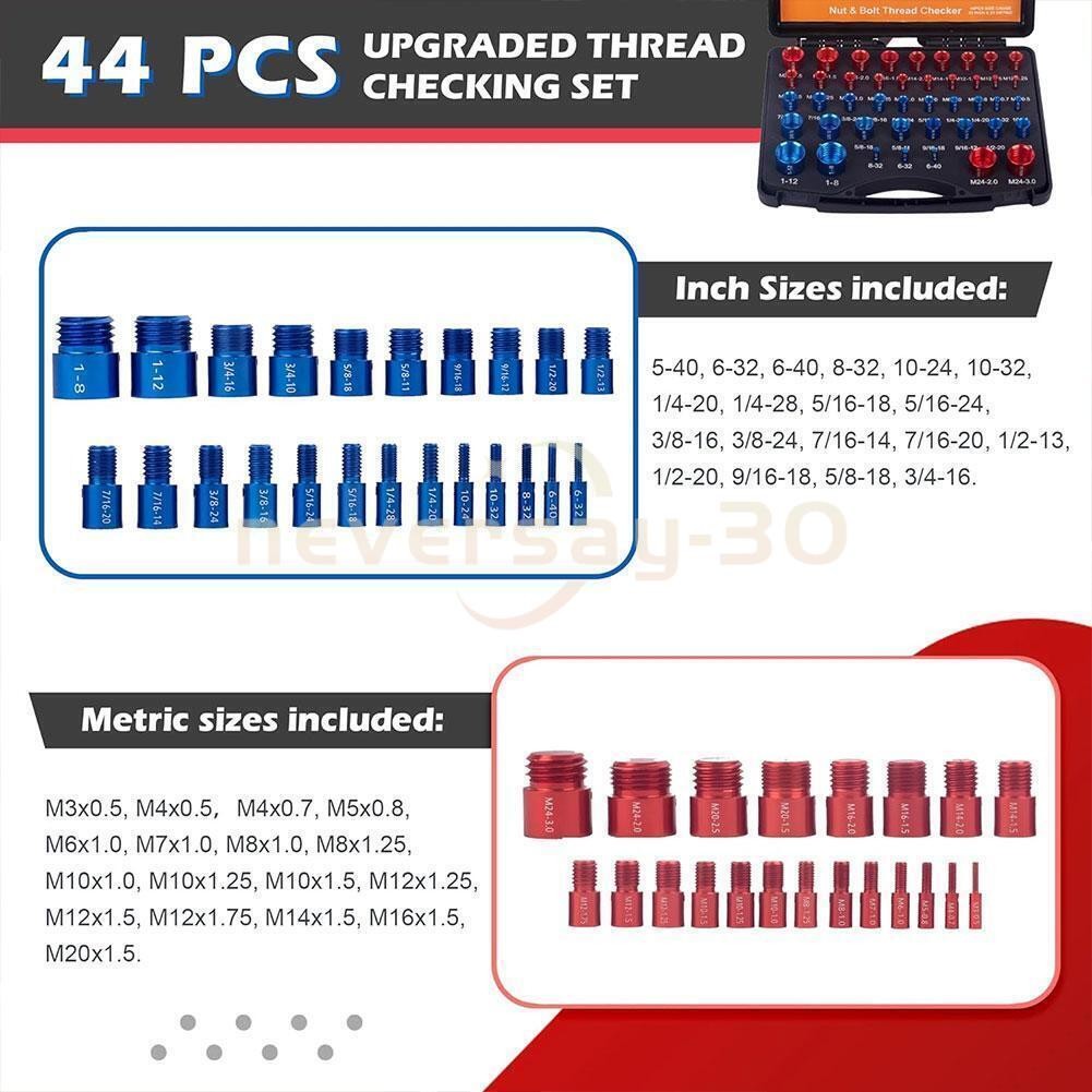 44pcs Screw Bolt Nut Thread Measure Gauge Size Checker Set (23 Inch & 21 Metric)