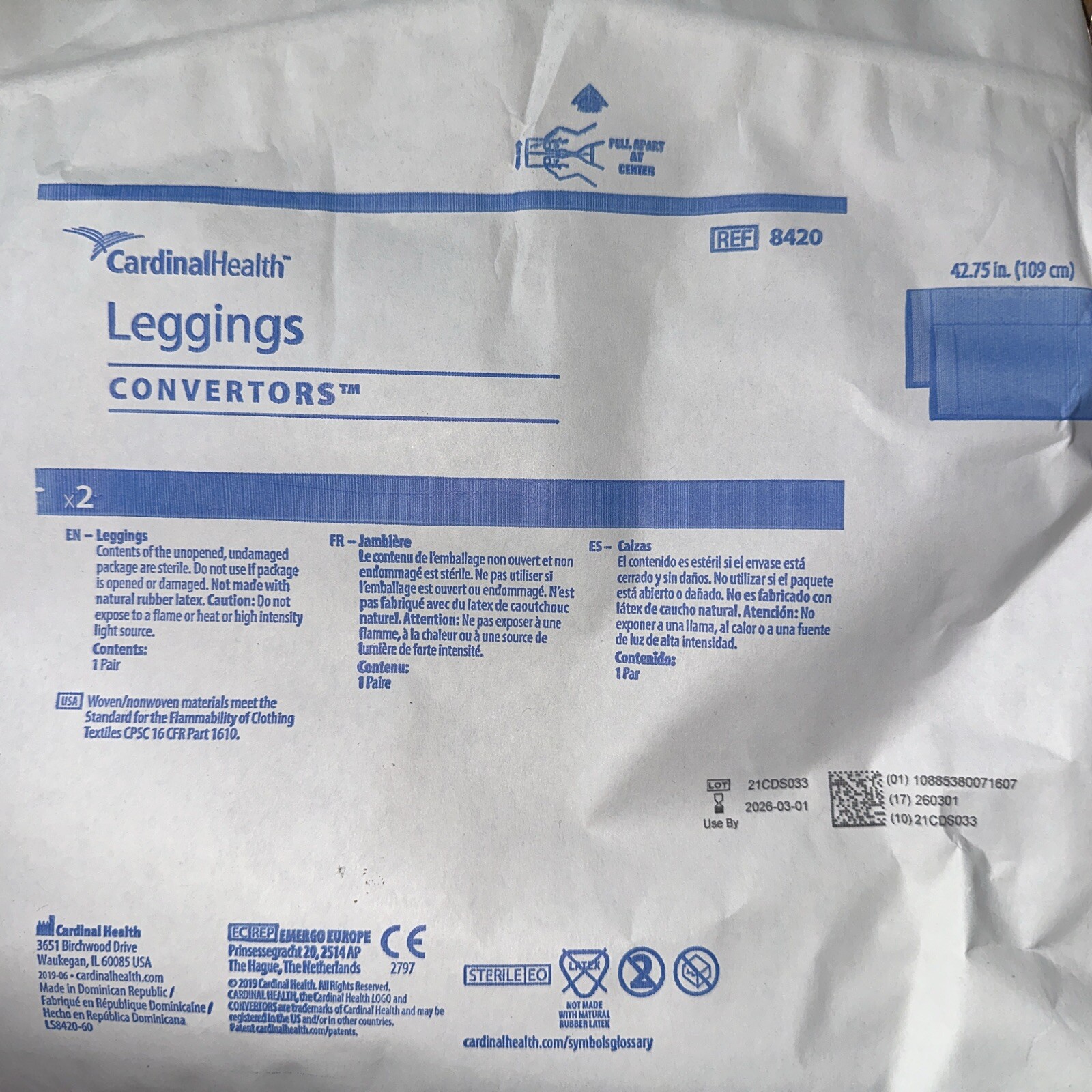 Cardinal Health Leggings #8420 Revision D, 20/Box, Individually Sealed, 2026/03.