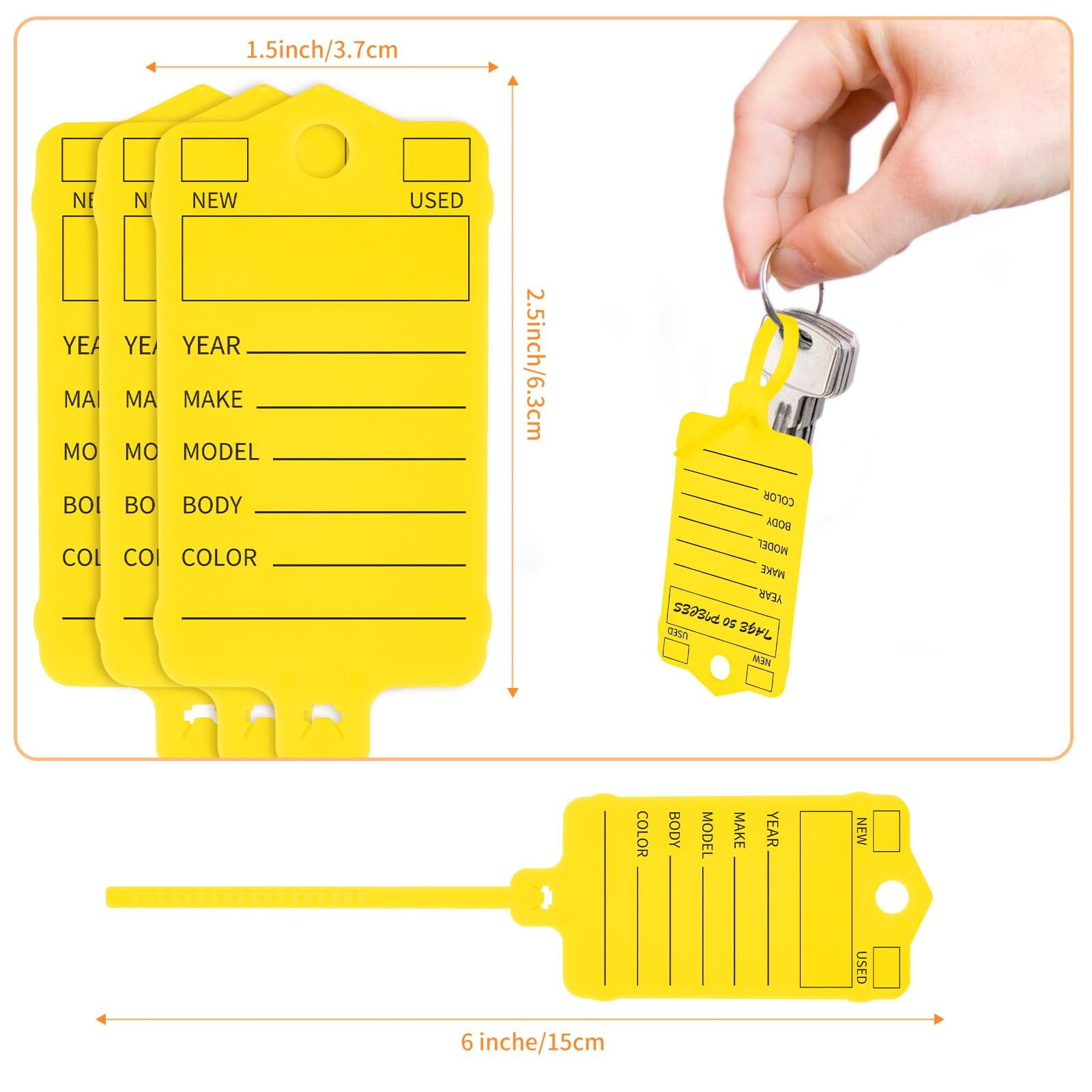 200 Pcs Yellow Self Locking Car Key Tags – Dealership Plastic Labels, Waterproof