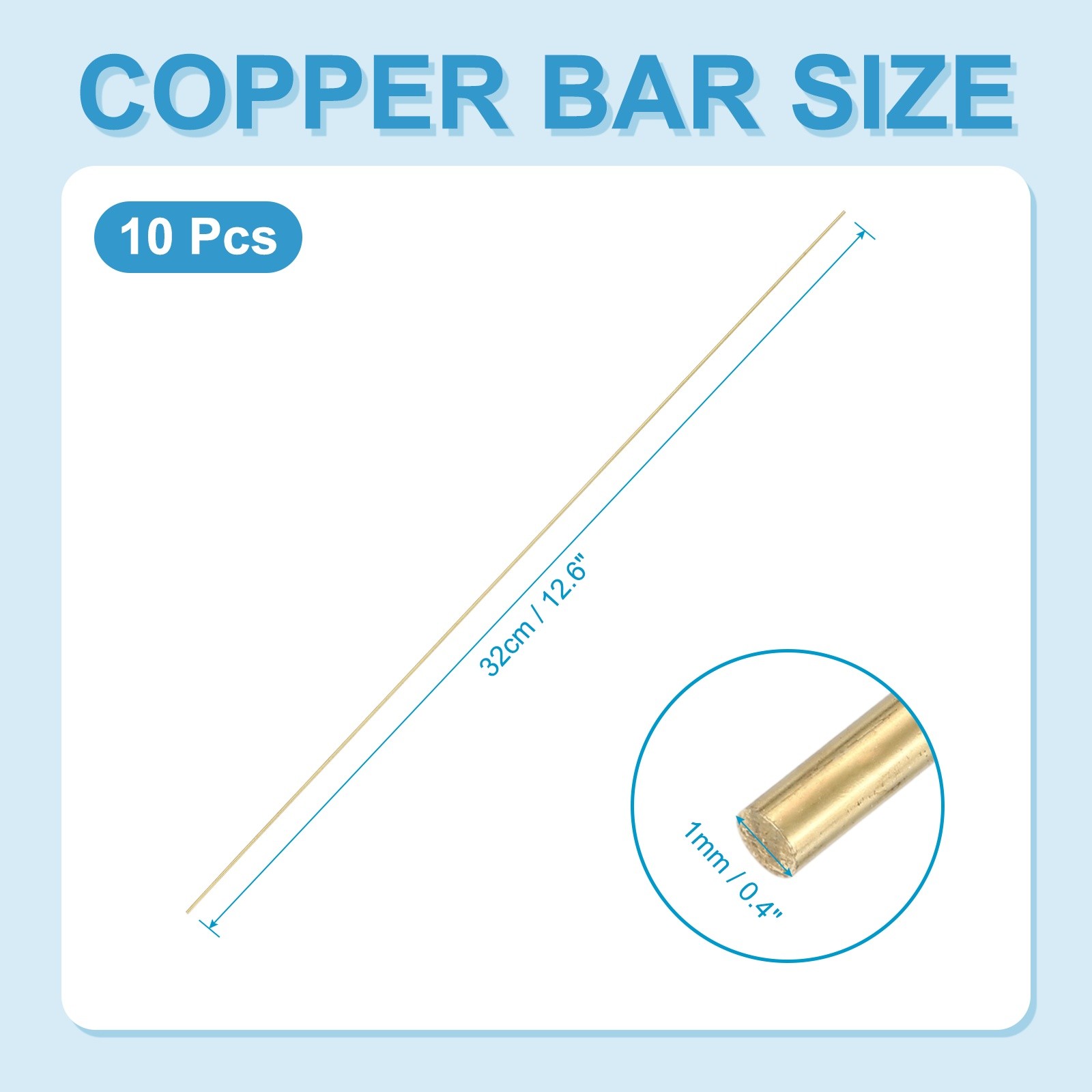 10 Pcs 1mm Dia. 32cm / 12.6 Inch Length Round Brass Rods, Brassy