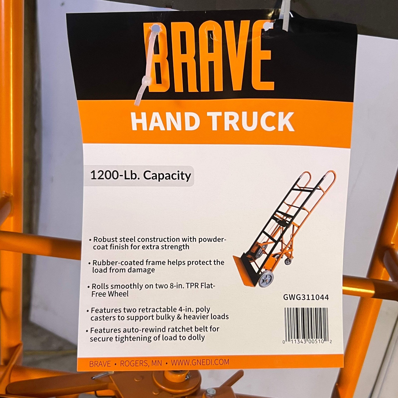BRAVE Hand Truck 1200 Lb. Sz 17.5″W x 8″L x 65″H Orange GWG311044