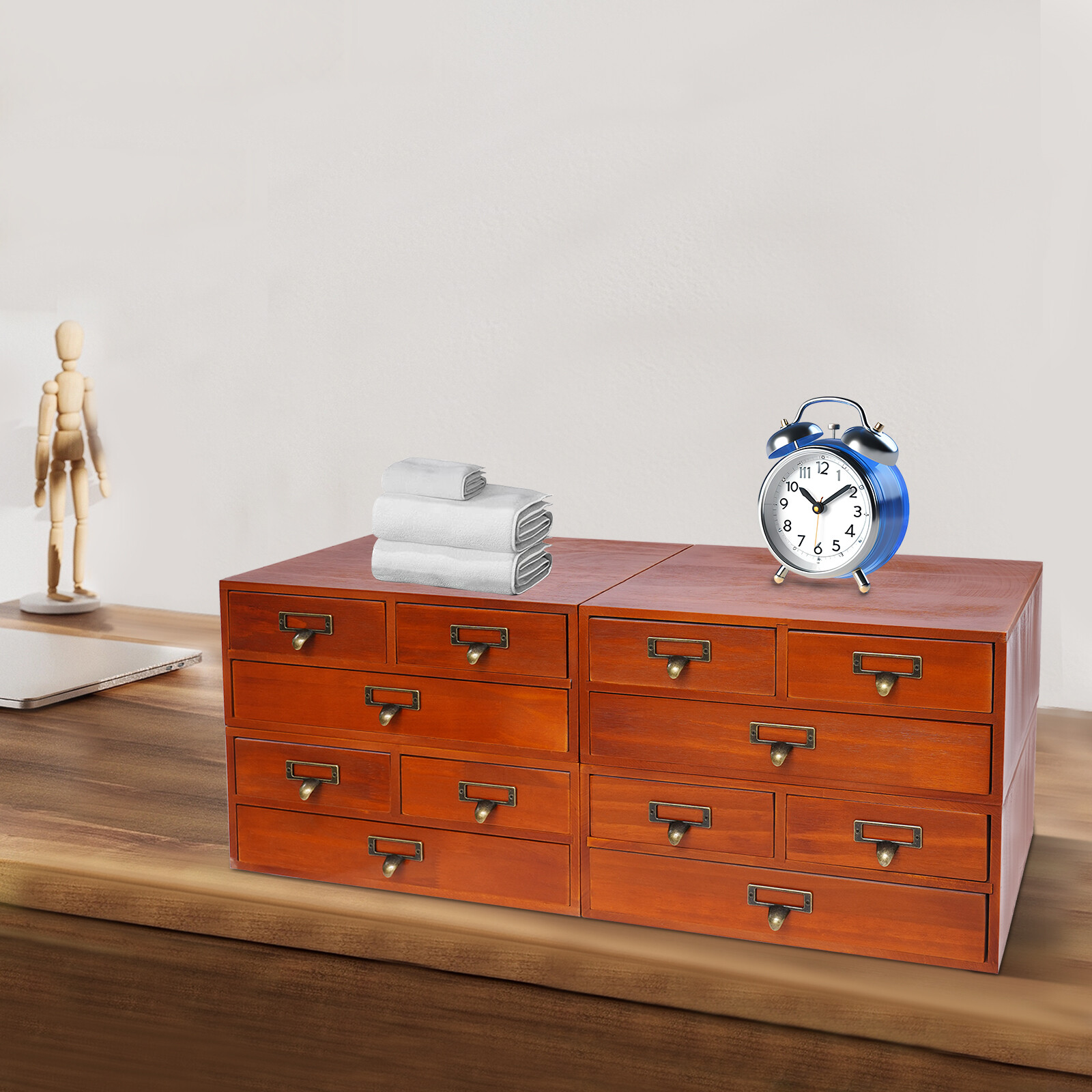 4 Pack 3 Drawer Wooden Desktop Organizer Drawer Storage Box For Tabletop- Brown