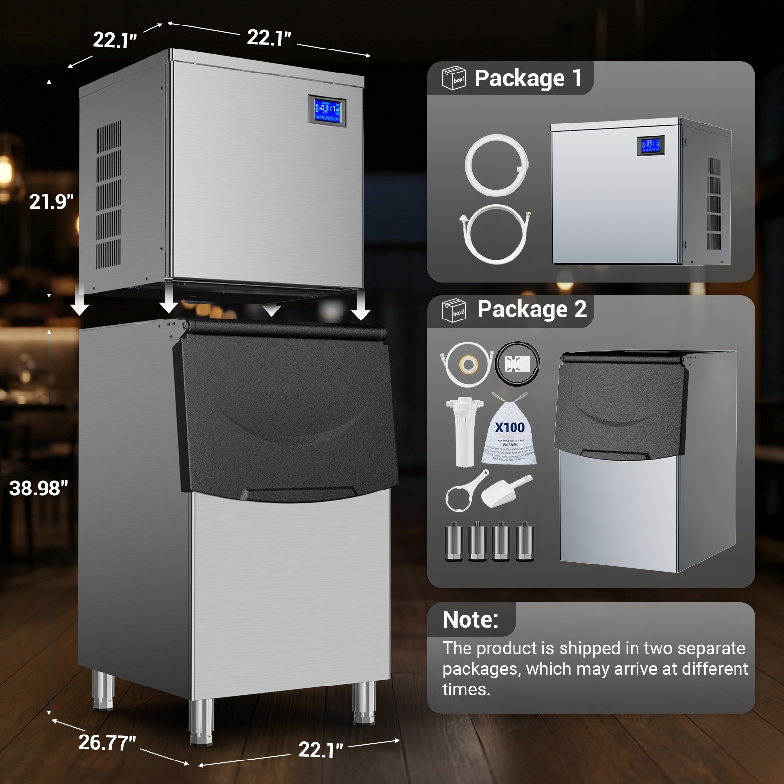 Heavy Duty 650Lbs/24H Commercial Ice Maker Machine 450Lbs Industrial Ice Machine