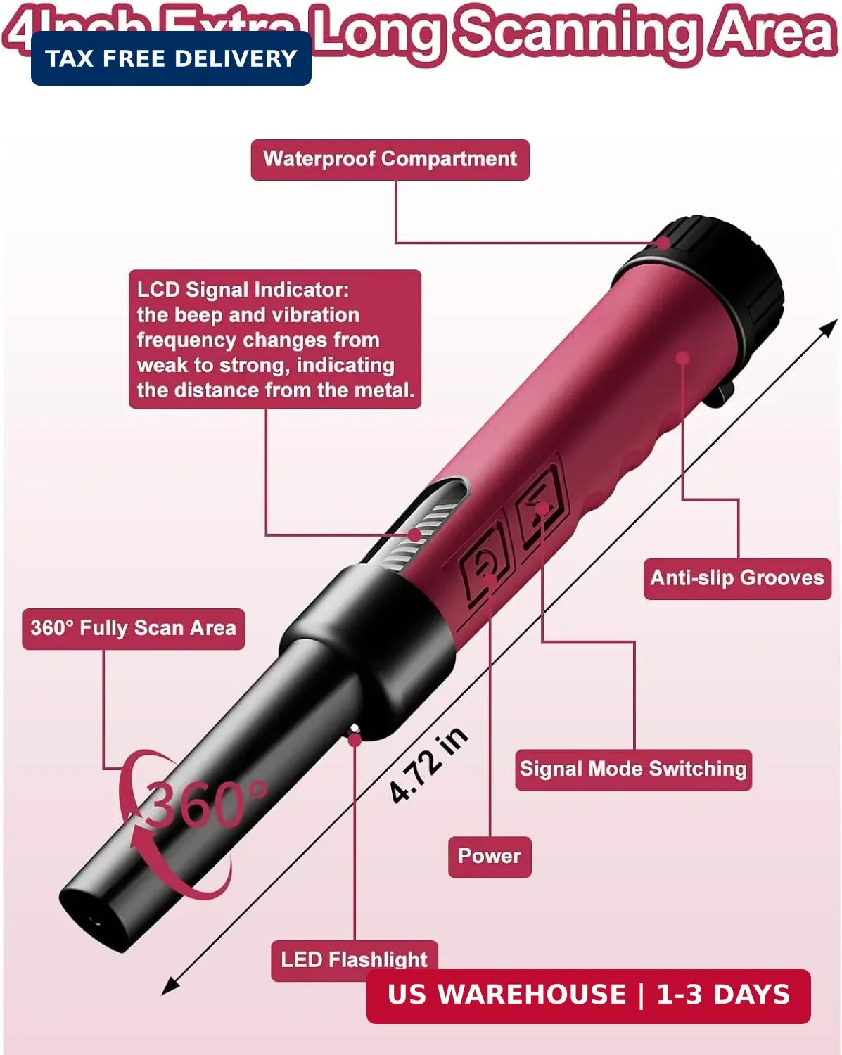 Metal Detector Pinpointer for Adults, IP68 Fully Waterproof Metal Detector LCD S
