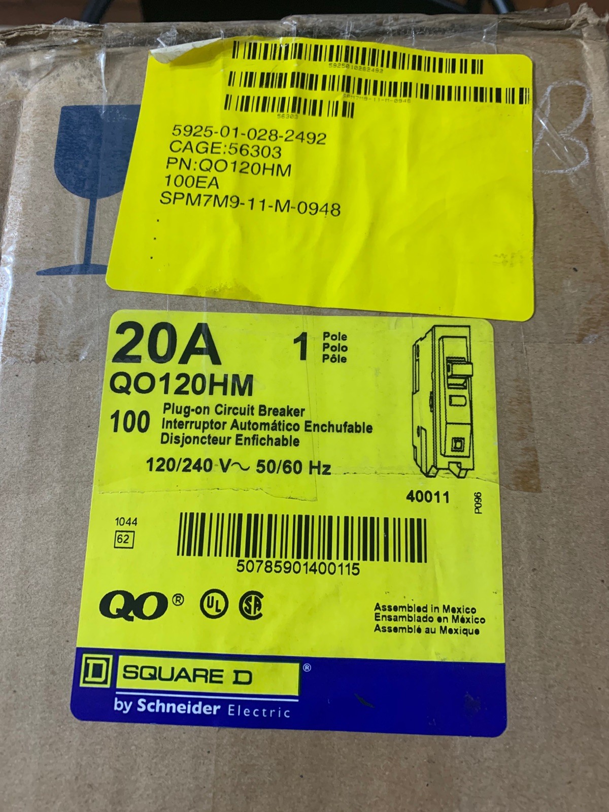 Box 100 NEW Square D QO120HM 20A Circuit Breakers Single Pole 20 Amp QO Series