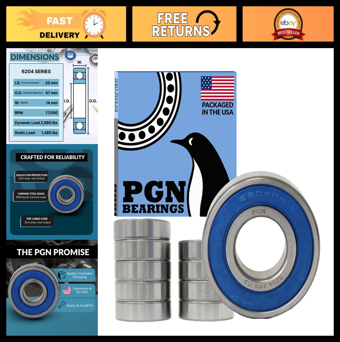 10 Pack 6204-2RS Sealed Ball Bearings – Lubricated Chrome Steel – 20x47x14mm Hig