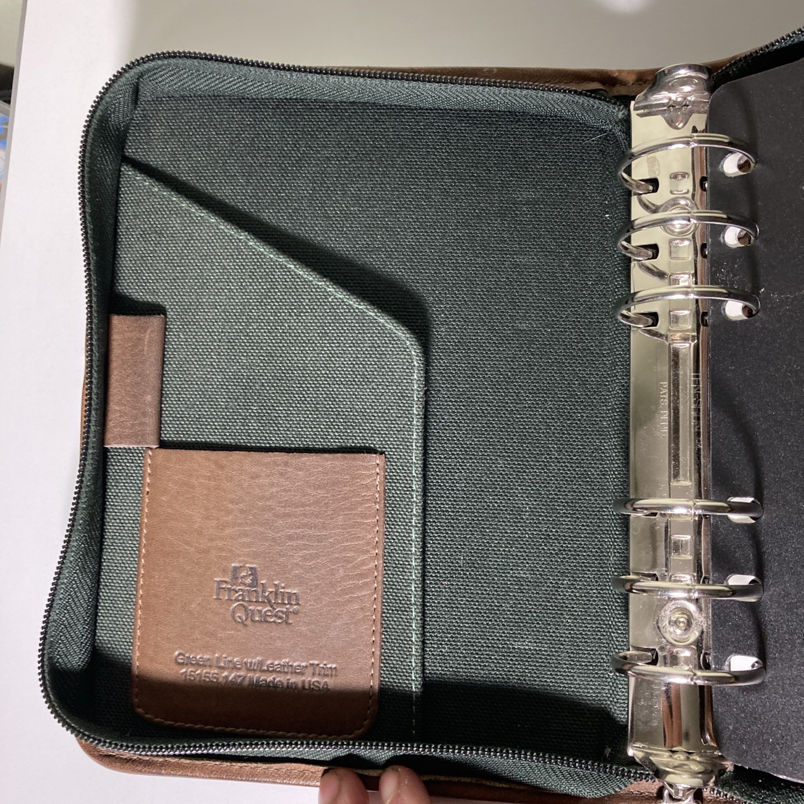 Franklin Quest Planner Green Line Black Canvas Brown Leather Trim 6 Ring Zip