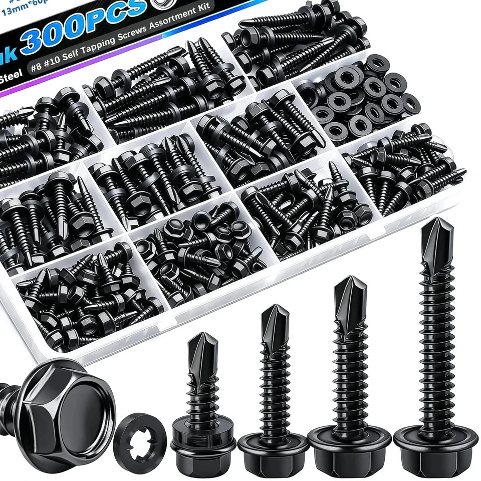 300PCS #8#10 Self Tapping Screws,410 Stainless Steel Self Drilling Screws,Bla…