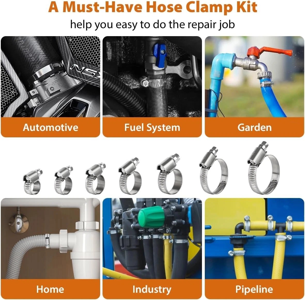 100 PCS Heavy Duty Stainless Steel Hose Clamps Assortment Kit 1/4″- 1-1/2″(6-38M