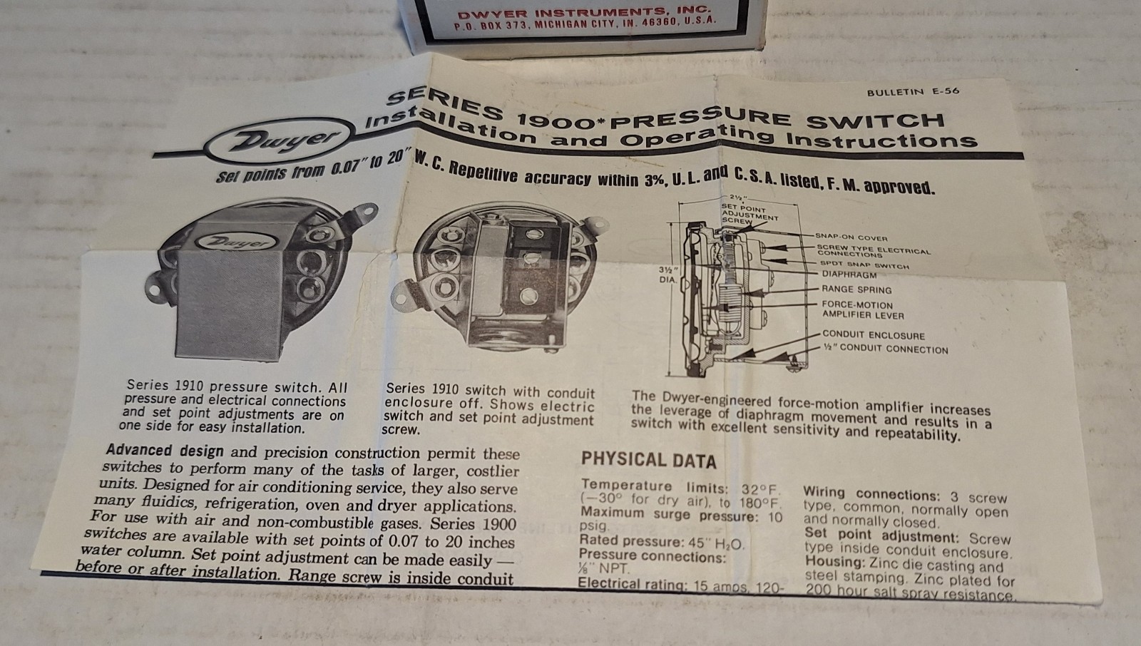 DWYER 1910-1 SERIES 1900 PRESSURE SWITCH. Catalog #165364-00