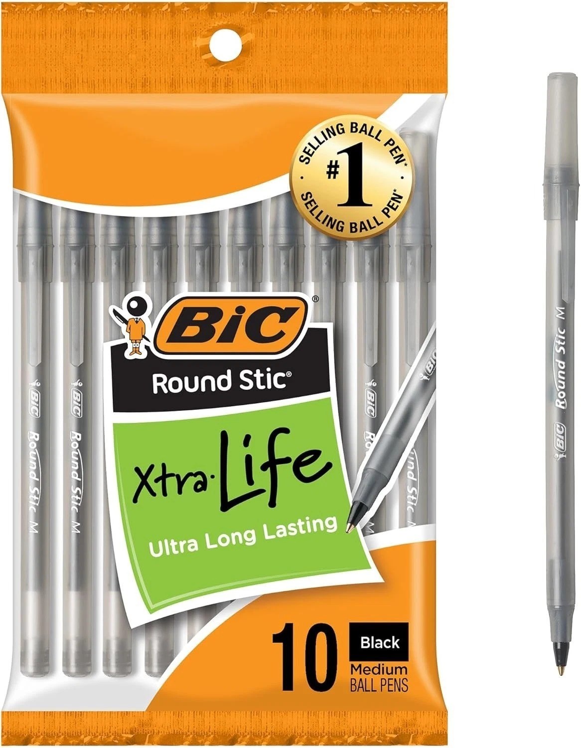 BIC Round Stic Xtra Life Black Ballpoint Pens, Medium Point (1.0mm), 10-Count