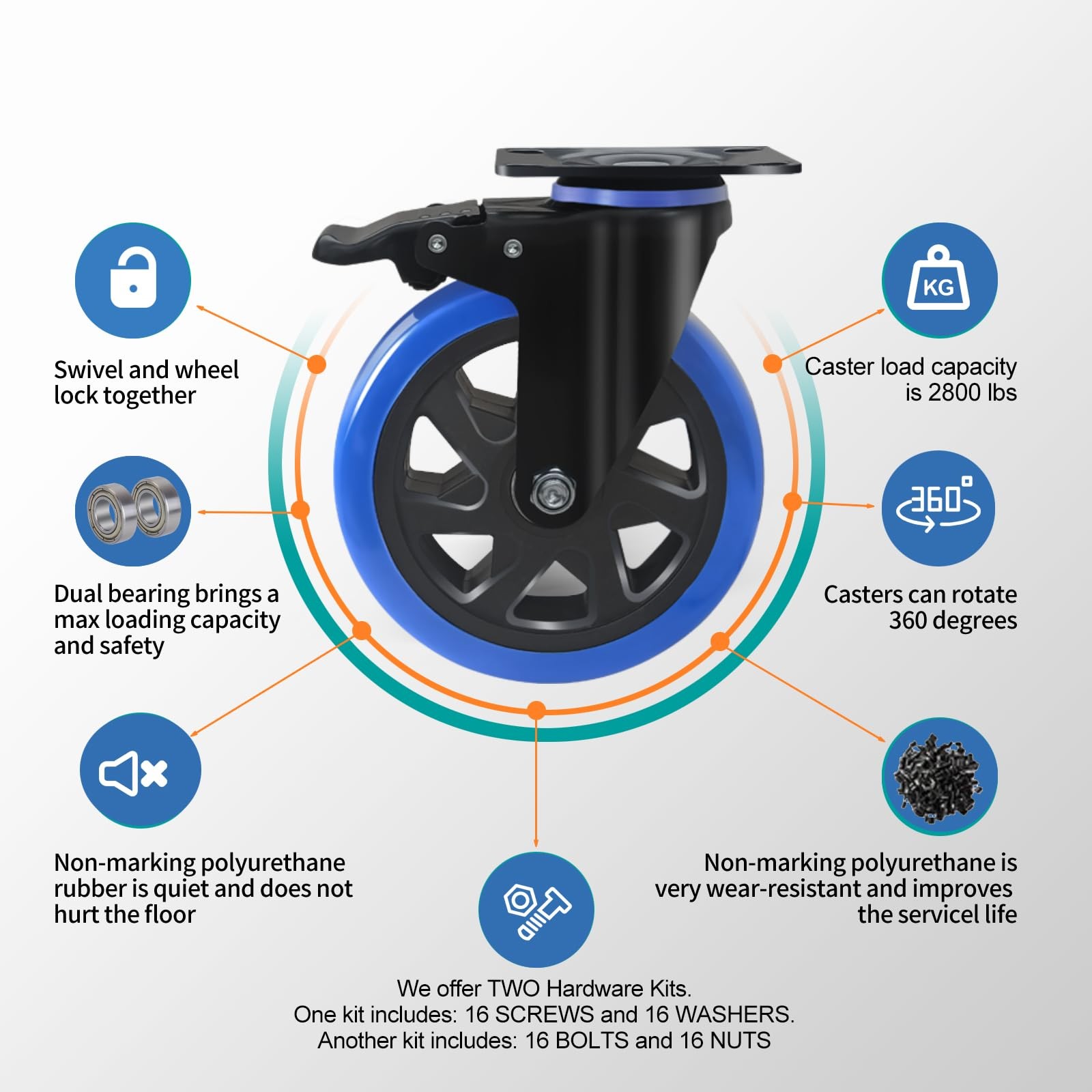 6 Caster Wheels 2800Lbs set of 4 w/ Brake Dual Lock Top Plate