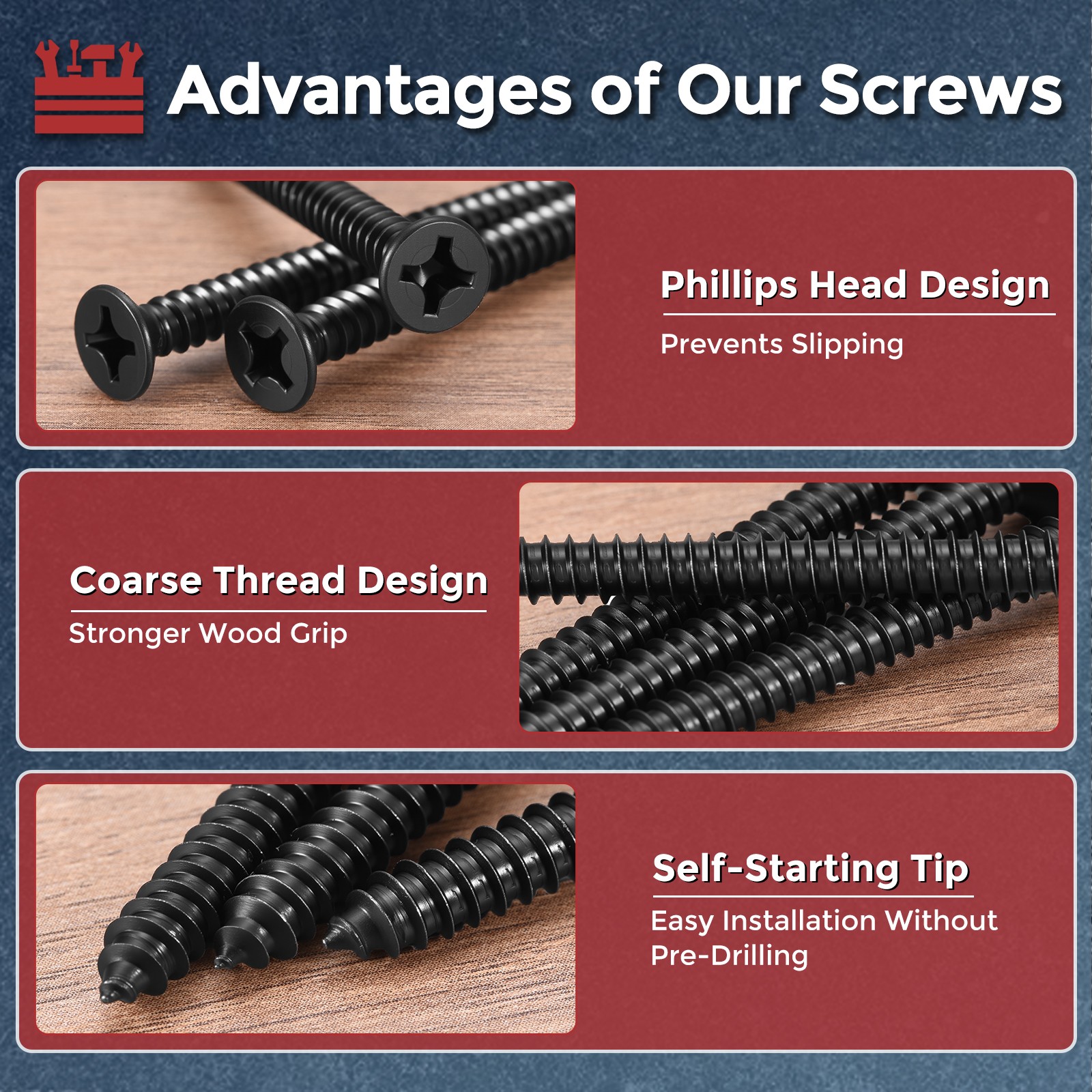100pcs Phillips Flat Head Wood Screws – [#10×1-1/2″] 304 Stainless Steel, Black