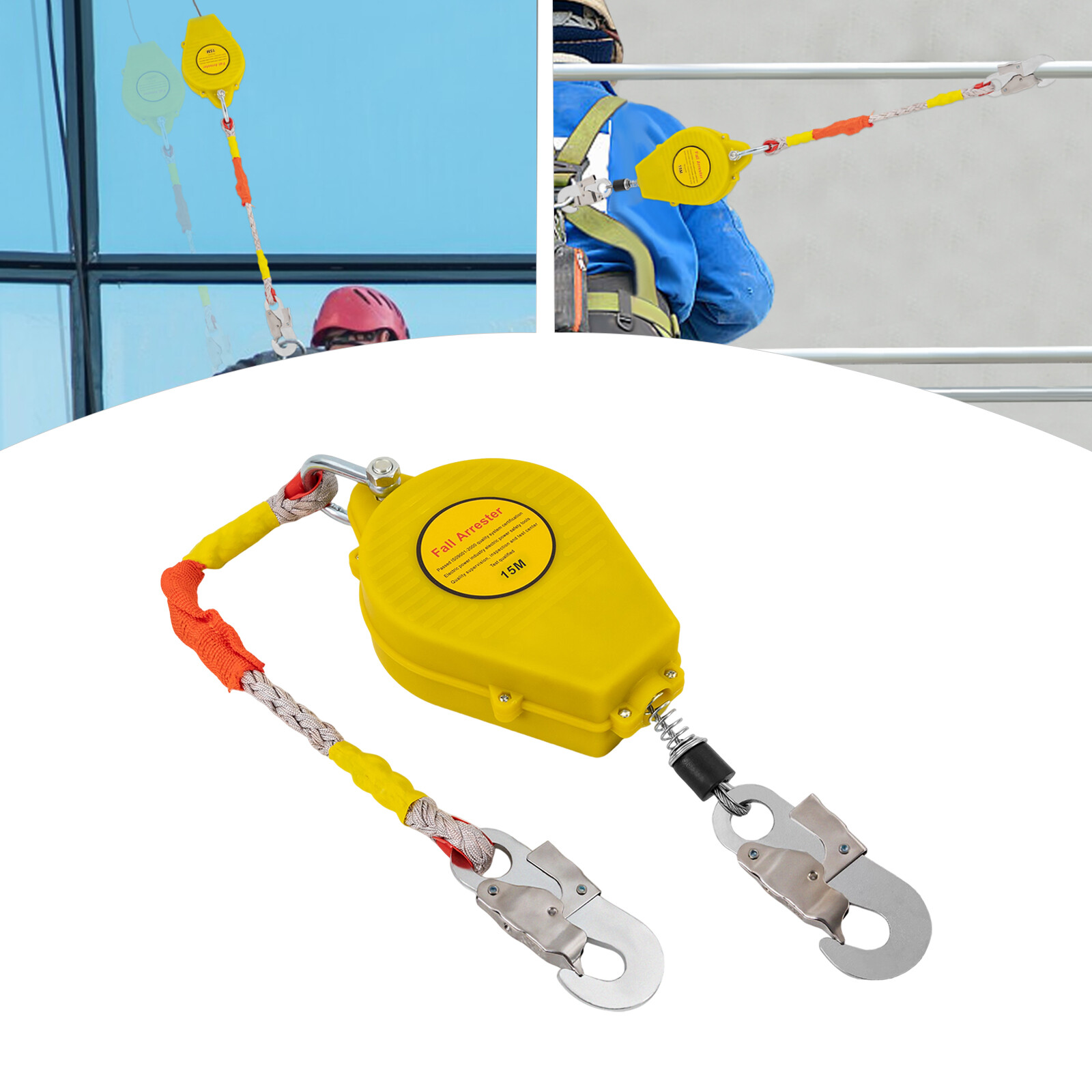 15M Self-Retracting Fall Arrester with Double Locking Hook, 150kg Capacity