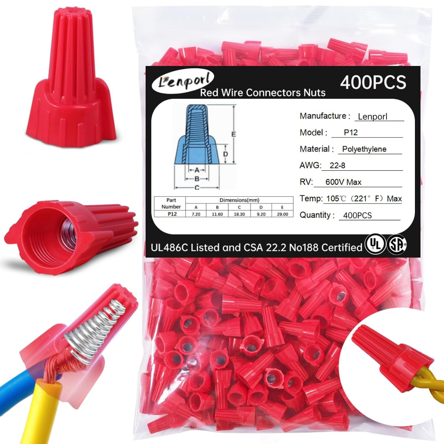 400PCS Red Wire Nuts Connectors P12 Twist Wire Caps Electrical Wire Connectors,