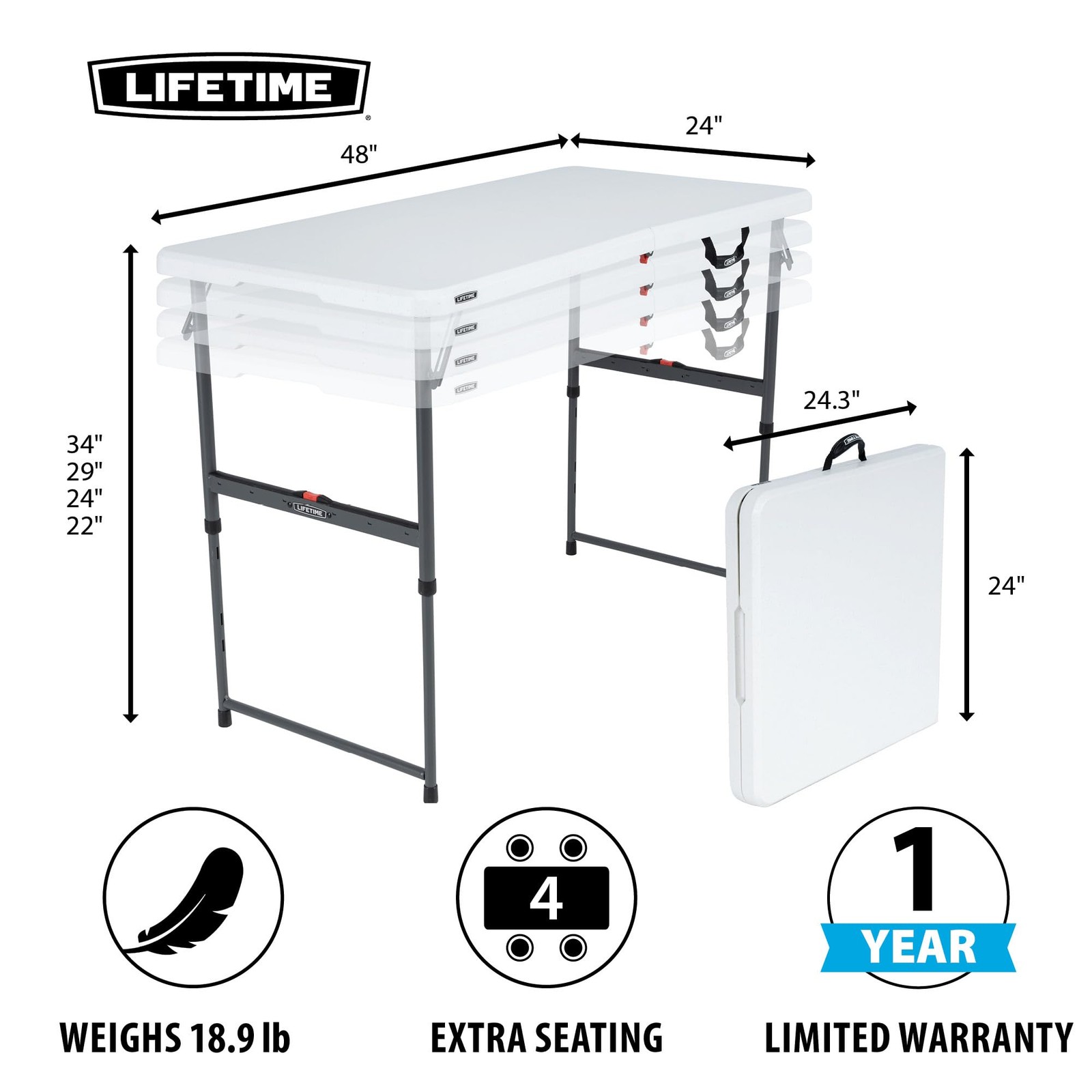 Lifetime Height Adjustable Folding Table 4 Foot 80952