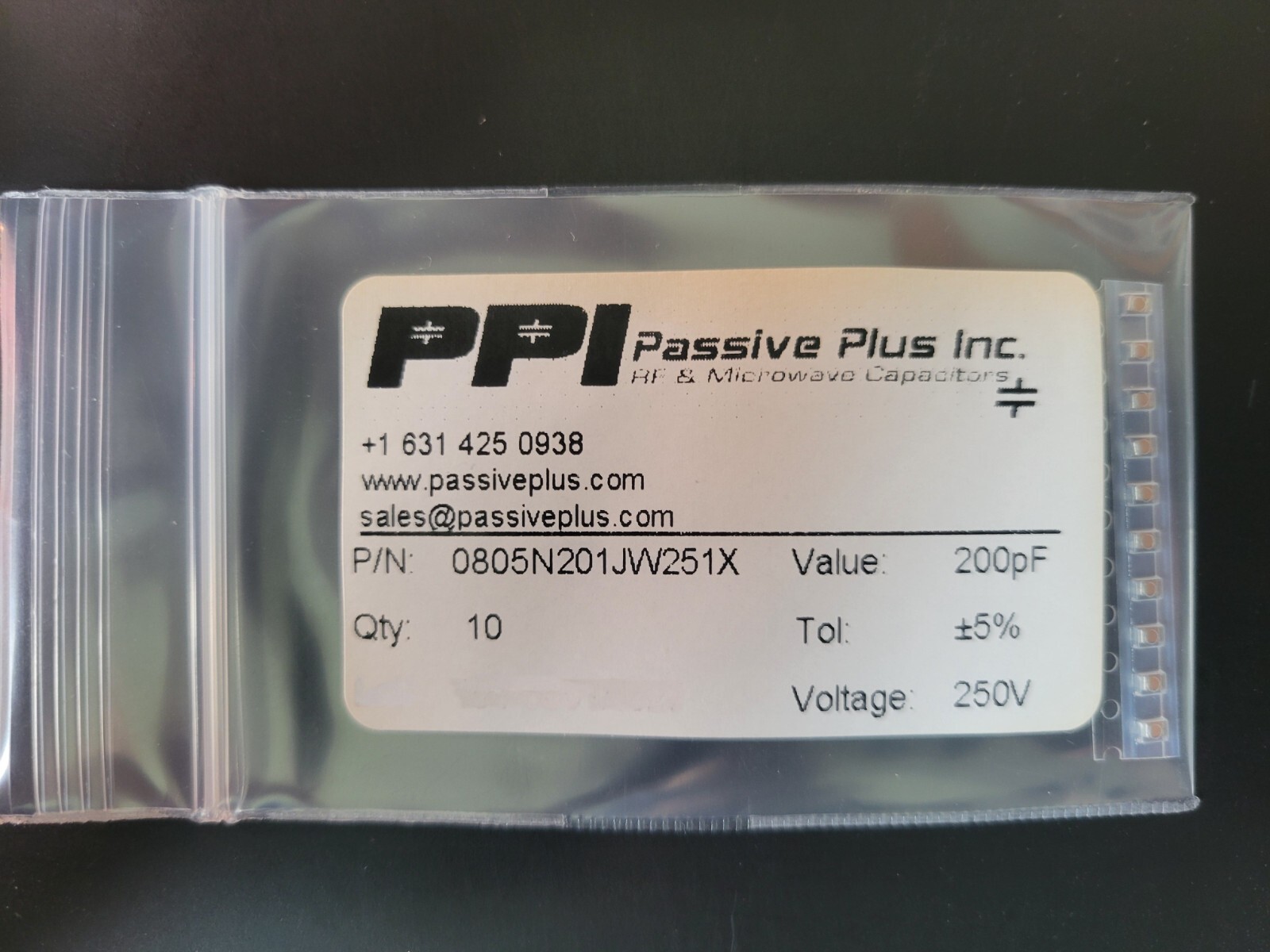 Pack of 10 0805N201JW251X Multilayer Ceramic Capacitors 200pF +/5% 250V 0805