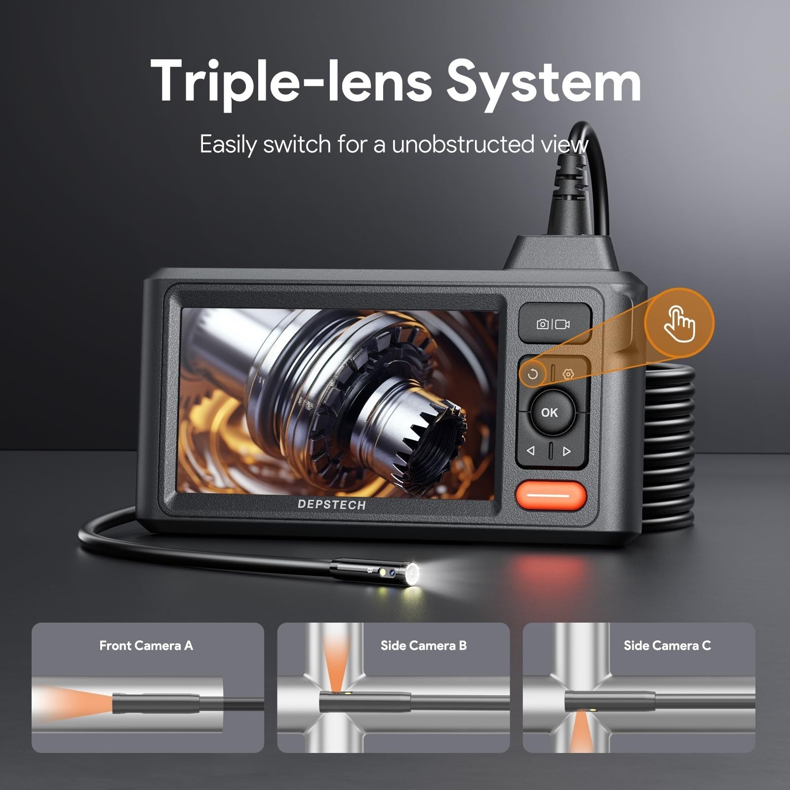 Triple Lens Inspection Endoscope Camera with Light, 5″ IPS Screen | 1920×1080P I