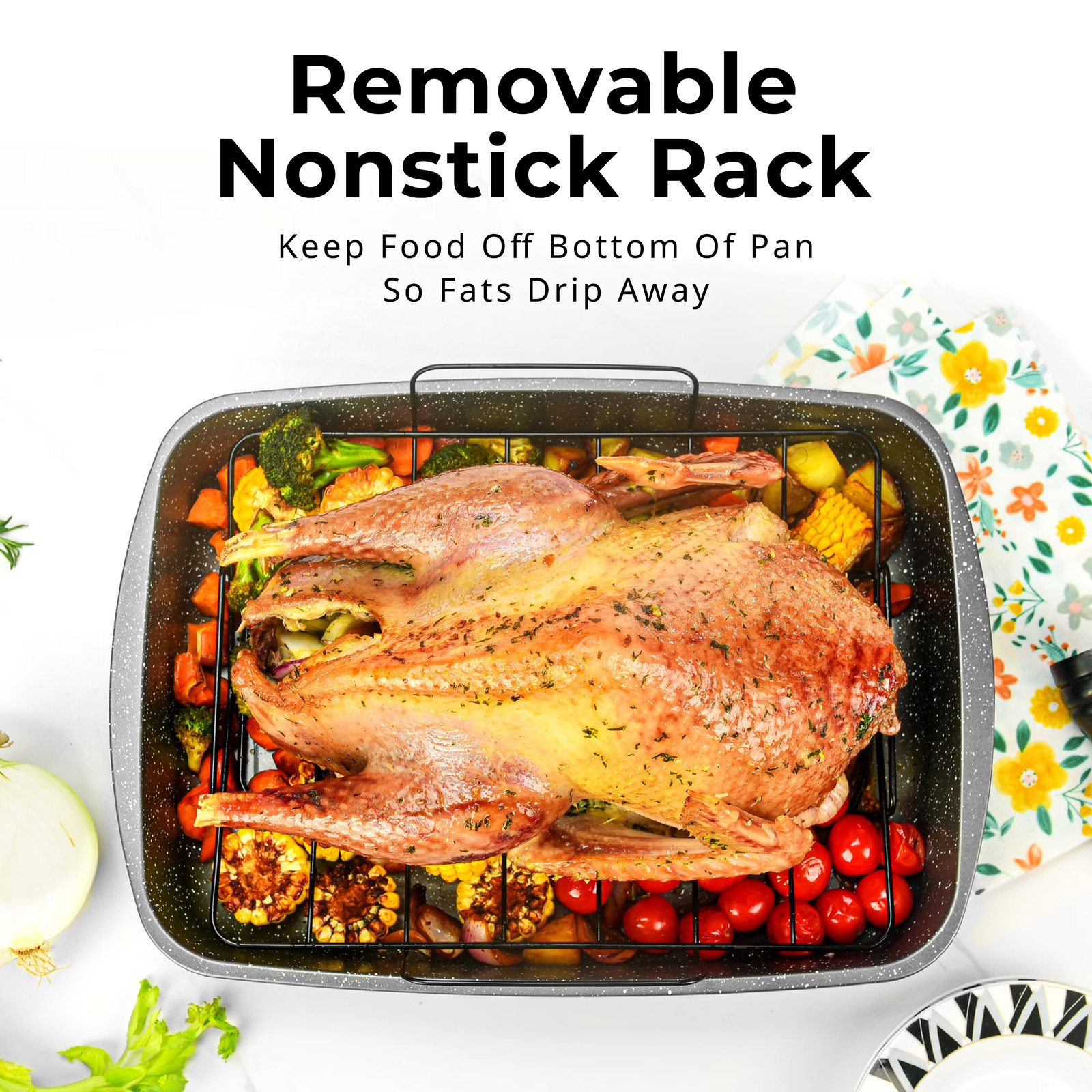 0.5mm Carbon Steel Roaster, 18.9″ Rectangle Speckled Grey Non-Stick Pan with