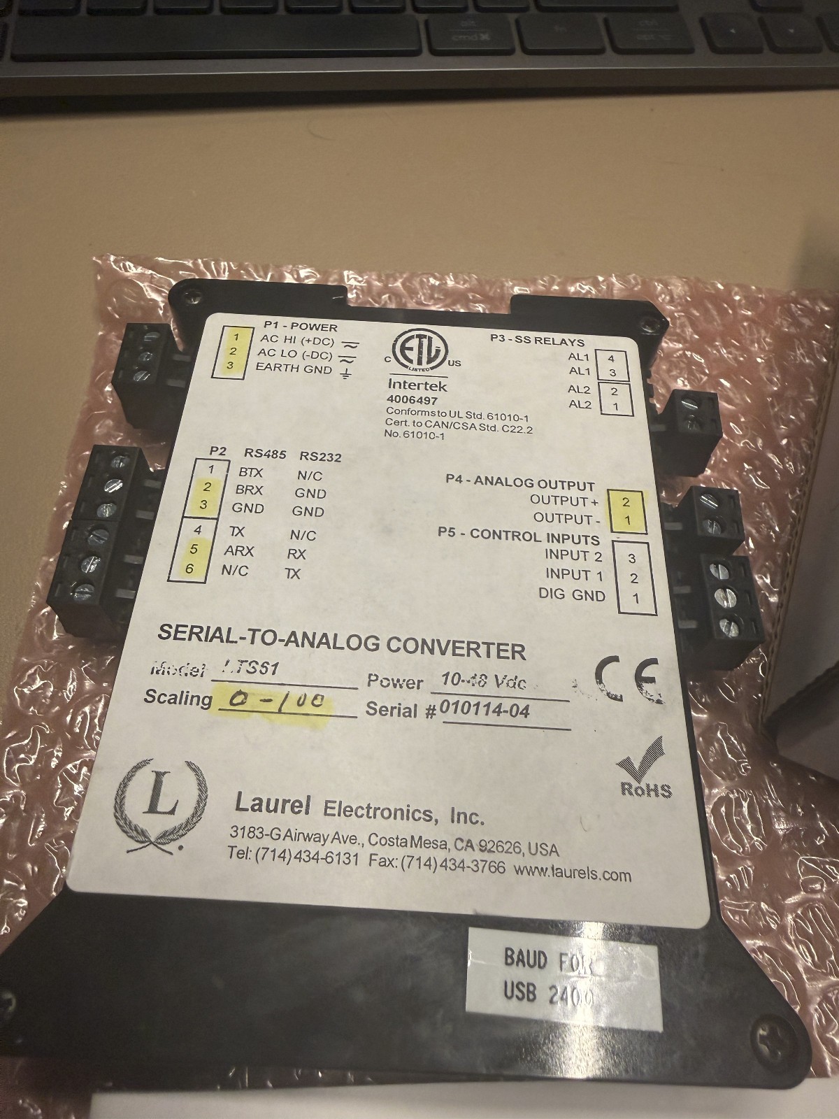 Laurel Electronics LTS6 RS232/RS485 Serial to Analog Output Transmitter DIN Rail