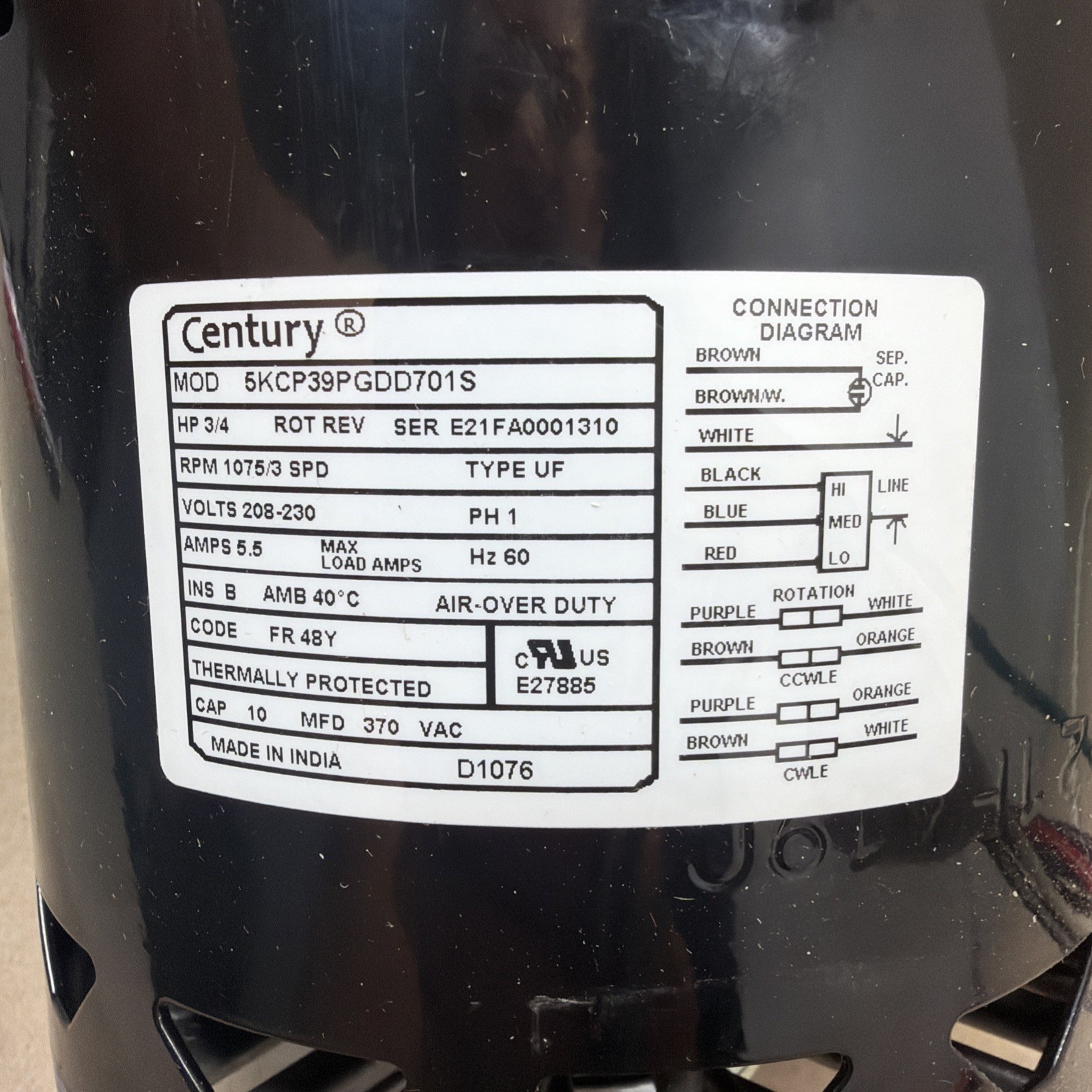 NEW✅ D1076 Century Fan And Blower Motor 5KCP39PGDD701S 3/4 HP. 208/230V