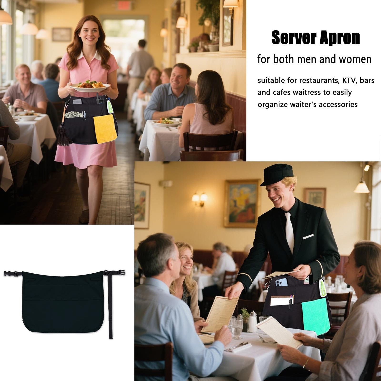 2× Server Apron with 5 Pockets Half Waitress Apron Women Men Waitress Tool Bag
