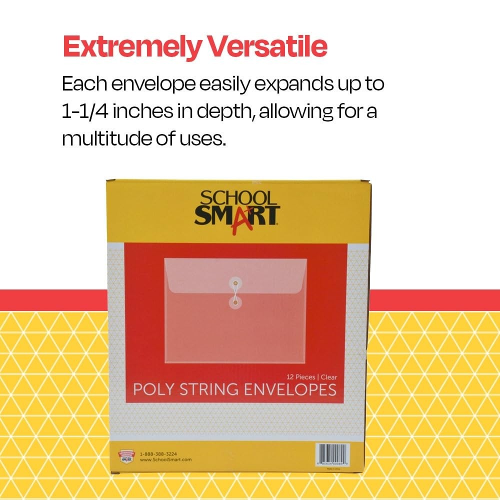School Smart Expanding Poly String Envelopes, Letter 8 x 10 Inches, Clear