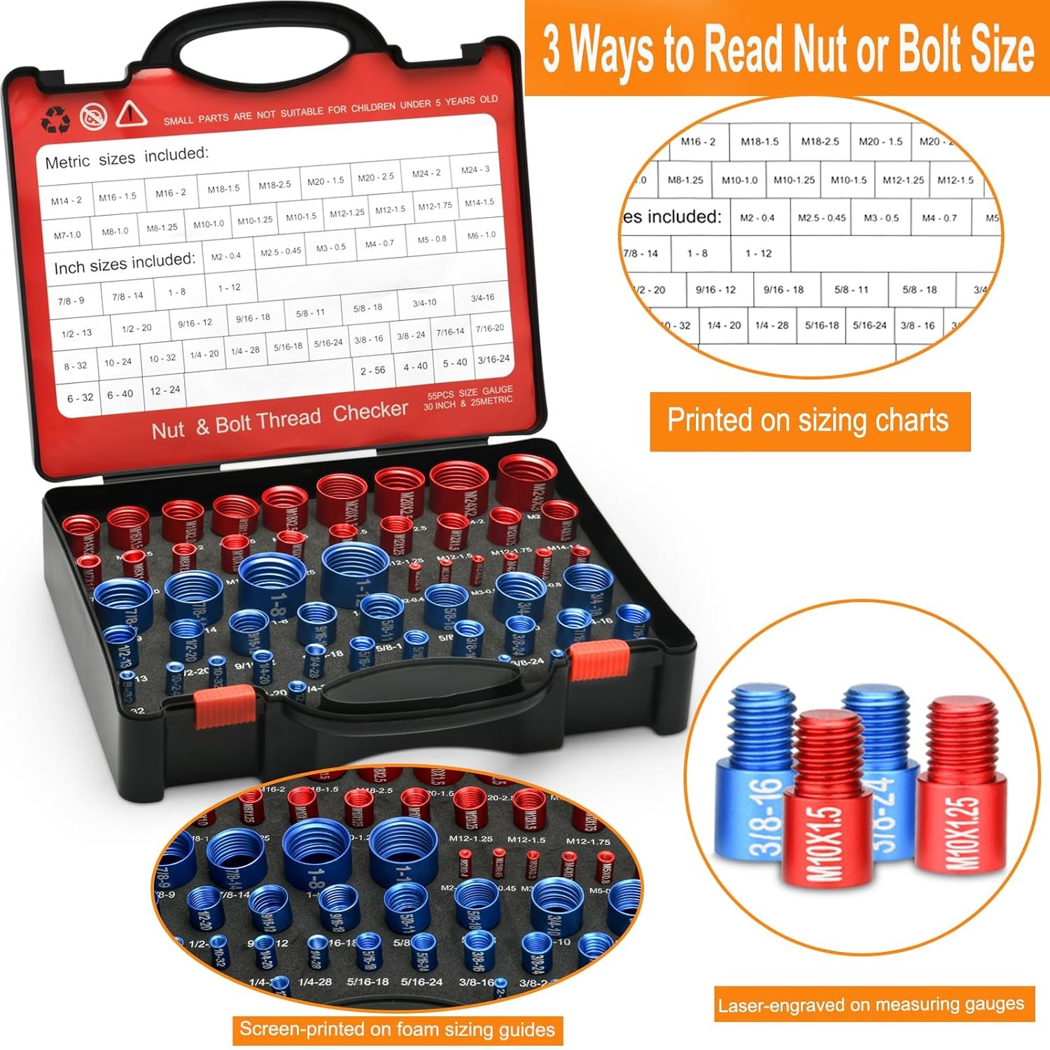 55Pcs Nut and Bolt Thread Checker 25 Metric + 30 SAE Inch Thread Gauge Set Deta