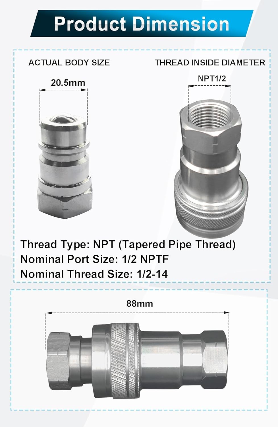 1/2″ NPT Hydraulic Quick Connect Couplers ISO 5675 Pioneer Style w/ Dust Caps