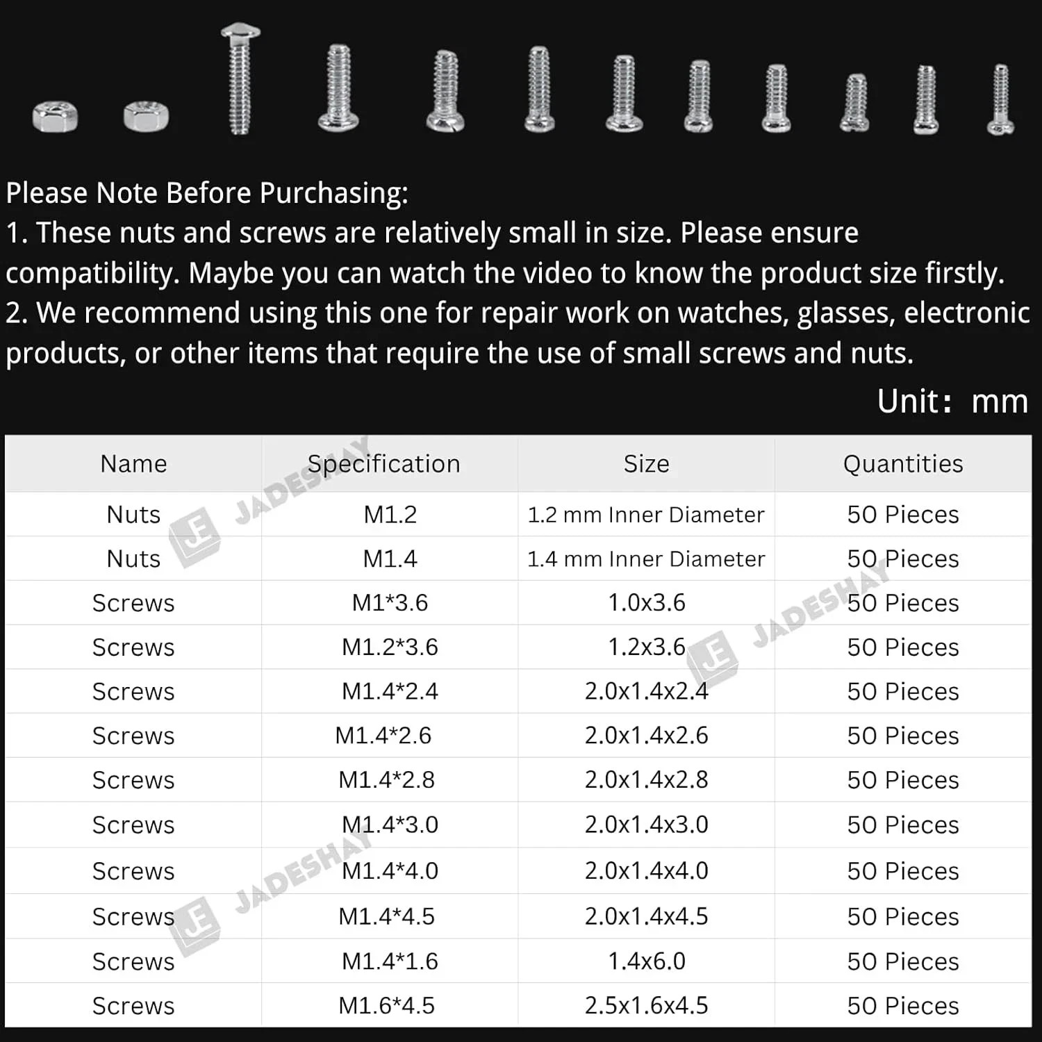 600Pcs Small Screws Assortment Kit Mini Bolts Nuts Set M1 M1.2 M1.4 M1.6 Organiz